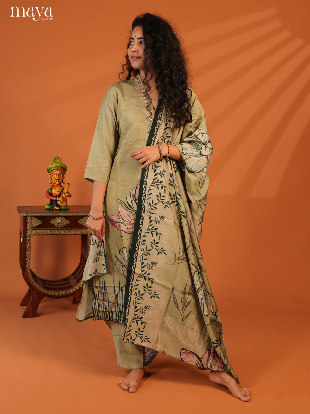 Green Rayon 3Pc Salwar Suit with Floral Print - Top, Bottom & Dupatta - Shop on Shrus.com