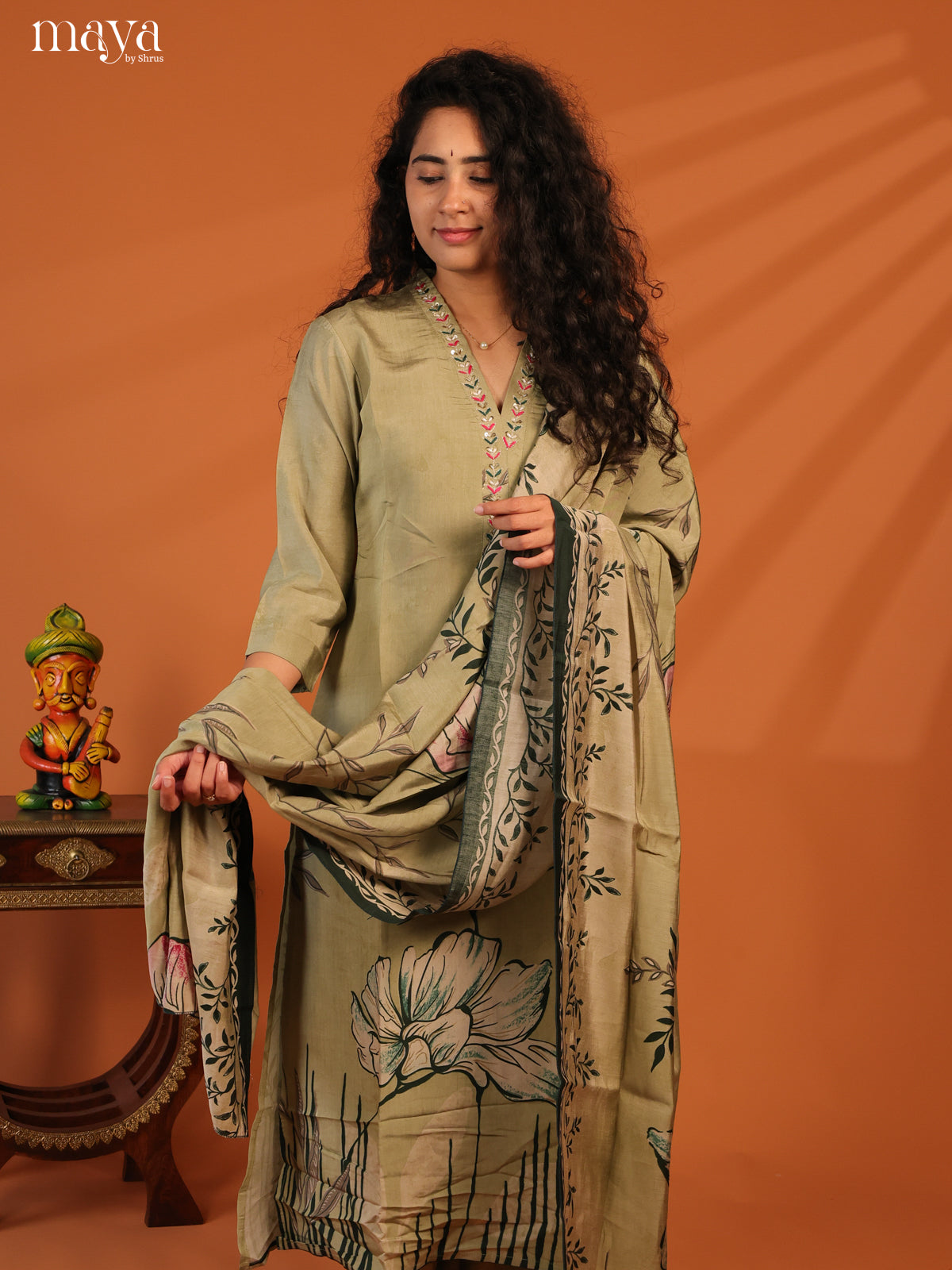 Green Rayon 3Pc Salwar Suit with Floral Print - Top, Bottom & Dupatta - Shop on Shrus.com