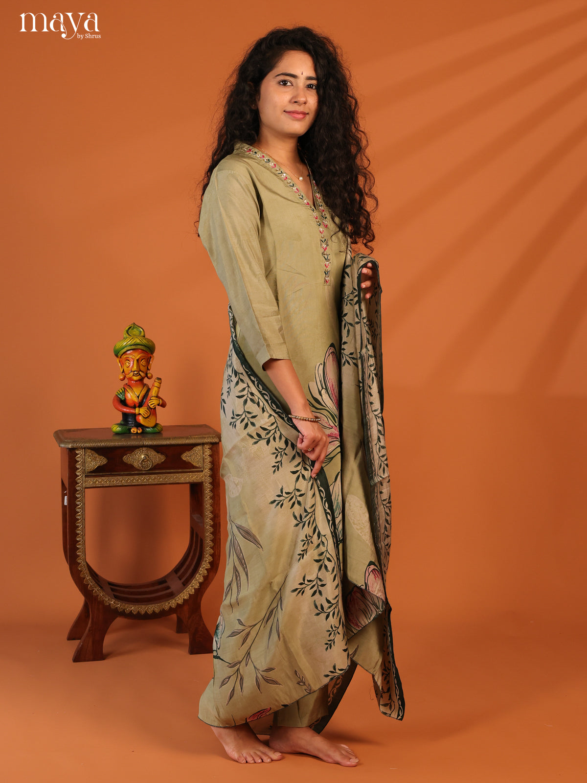 Green Rayon 3Pc Salwar Suit with Floral Print - Top, Bottom & Dupatta - Shop on Shrus.com