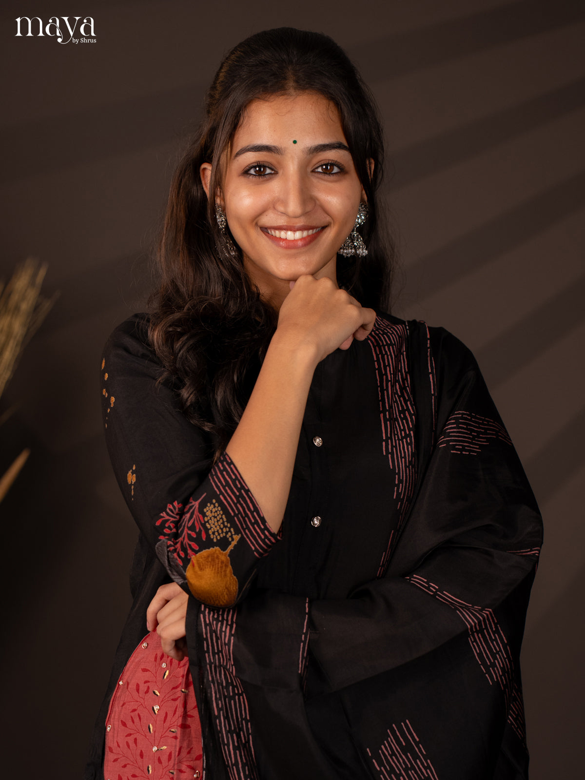 Black Rayon 3Pc Salwar Suit with Floral Print - Top, Bottom & Dupatta - Shop on Shrus.com