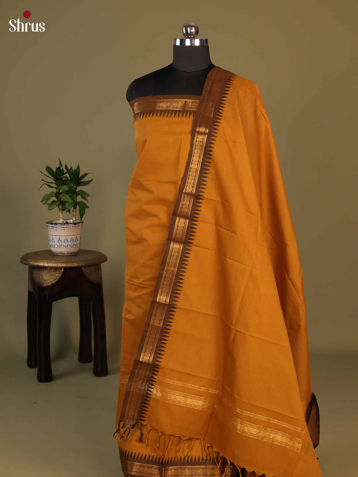 Mustard & Brown Chettinad Cotton Unstitched Top & Dupatta- MCL25001 - Shop on Shrus.com
