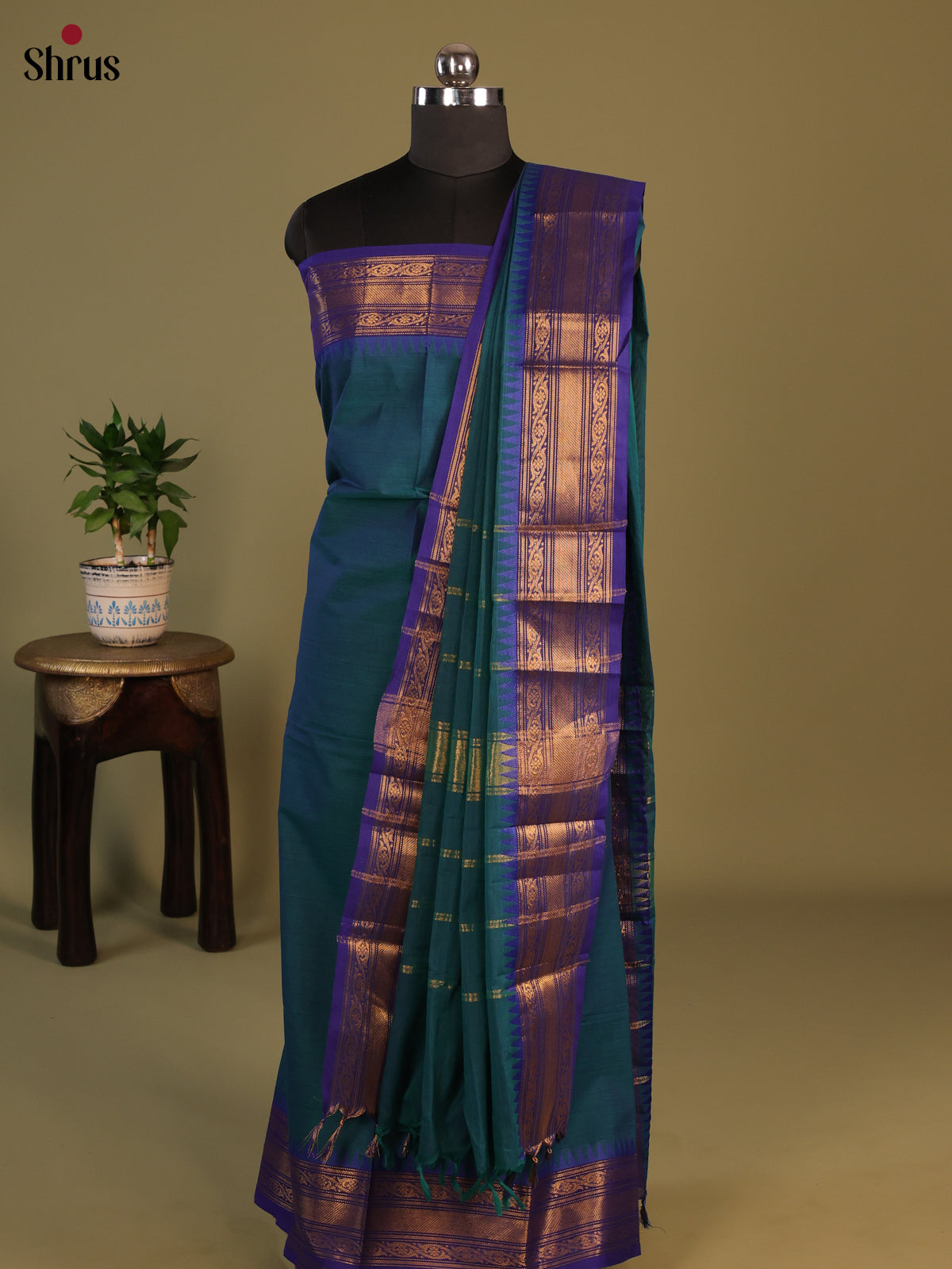 Green with Blue Chettinad Cotton Unstitched Suit Set - Shop on Shrus.com