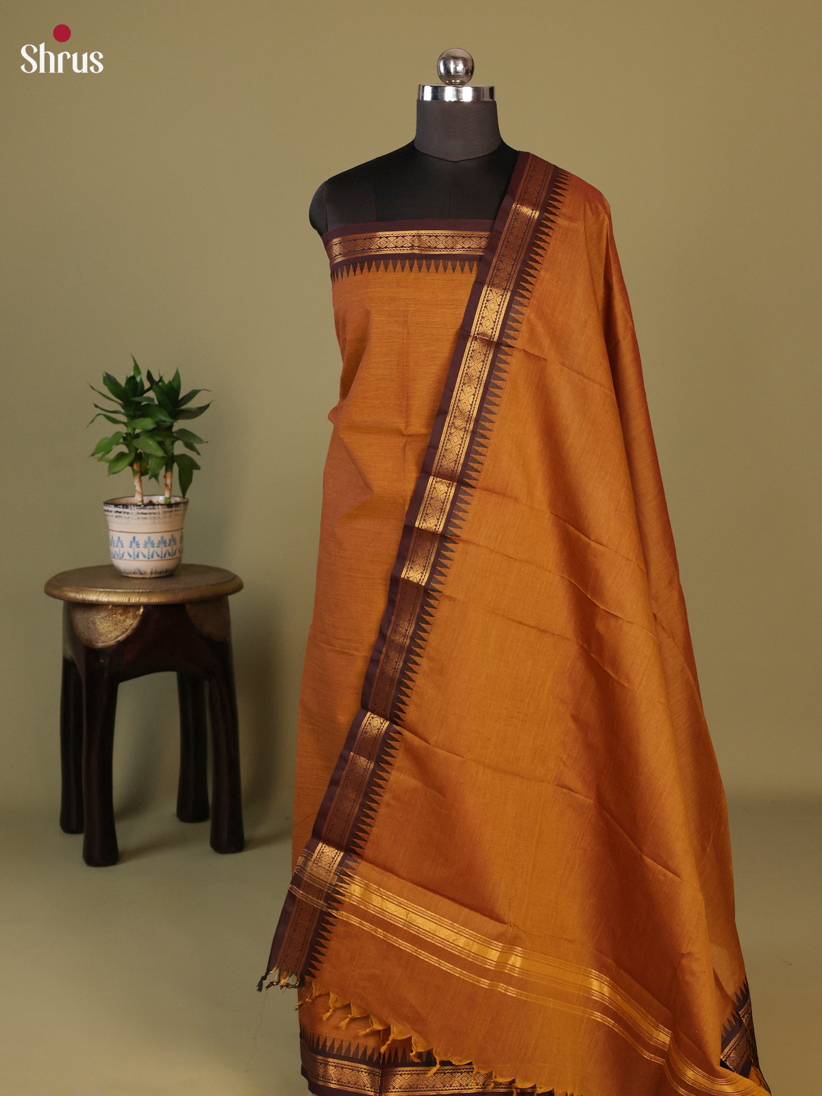 Mustard with Brown Chettinad Cotton Unstitched Suit Set - Shop on Shrus.com