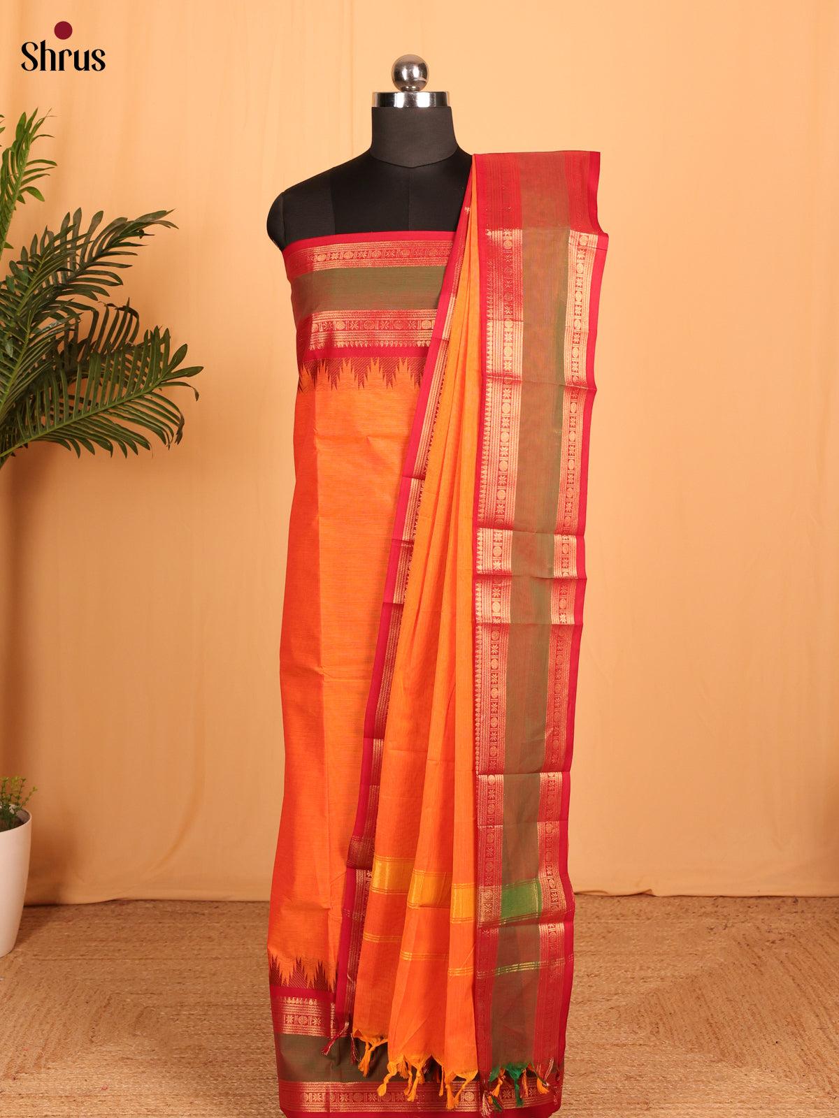 Orange with Red Chettinad Cotton Unstitched Suit Set - Shop on Shrus.com