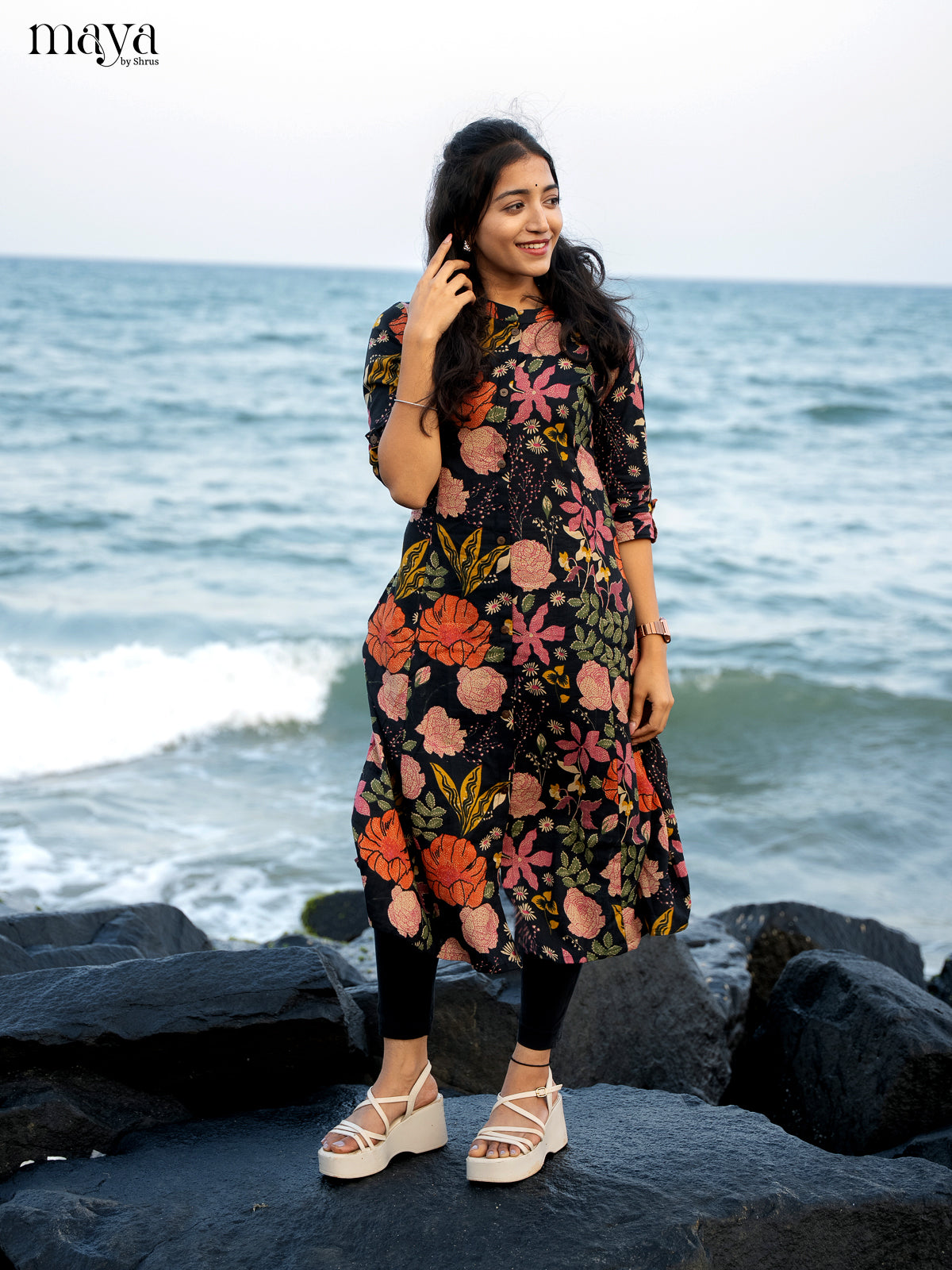 Black Floral Printed Rayon Kurti - Shop on Shrus.com
