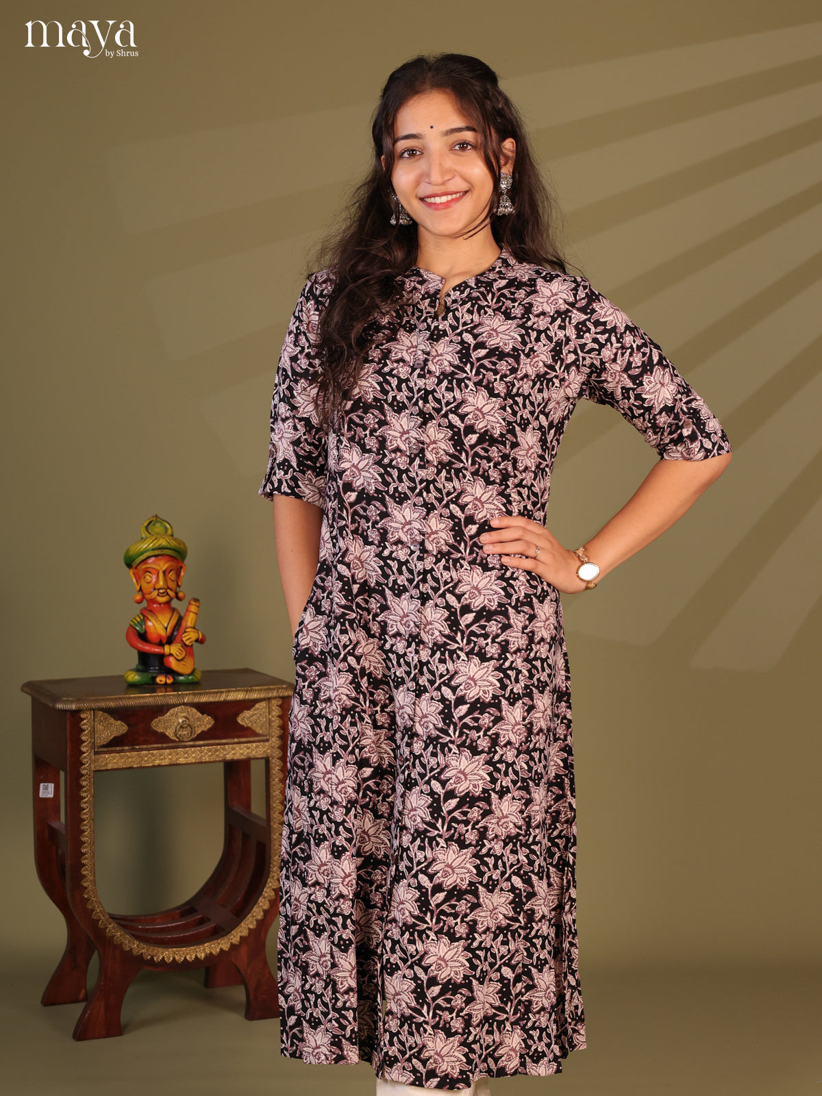Black Floral Printed Rayon Kurti - Shop on Shrus.com