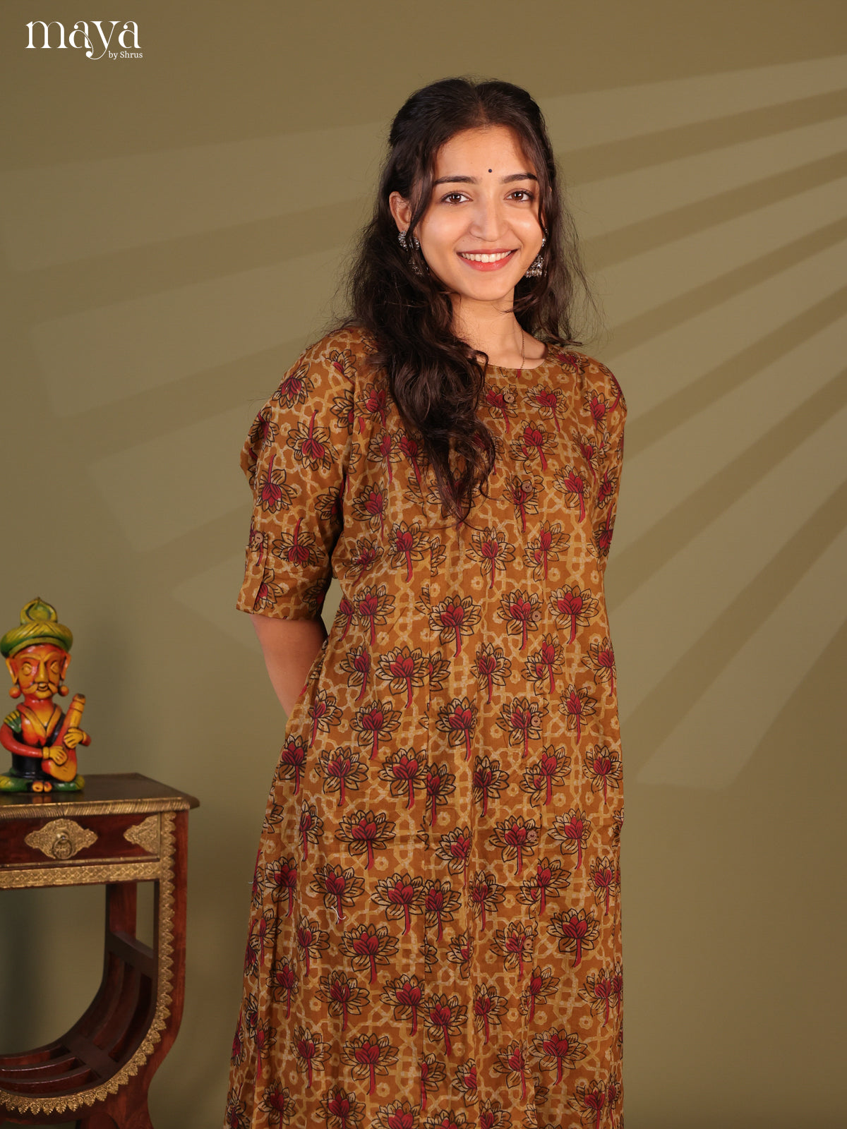 Mustard Ajrakh Printed Cotton Kurti - Shop on Shrus.com