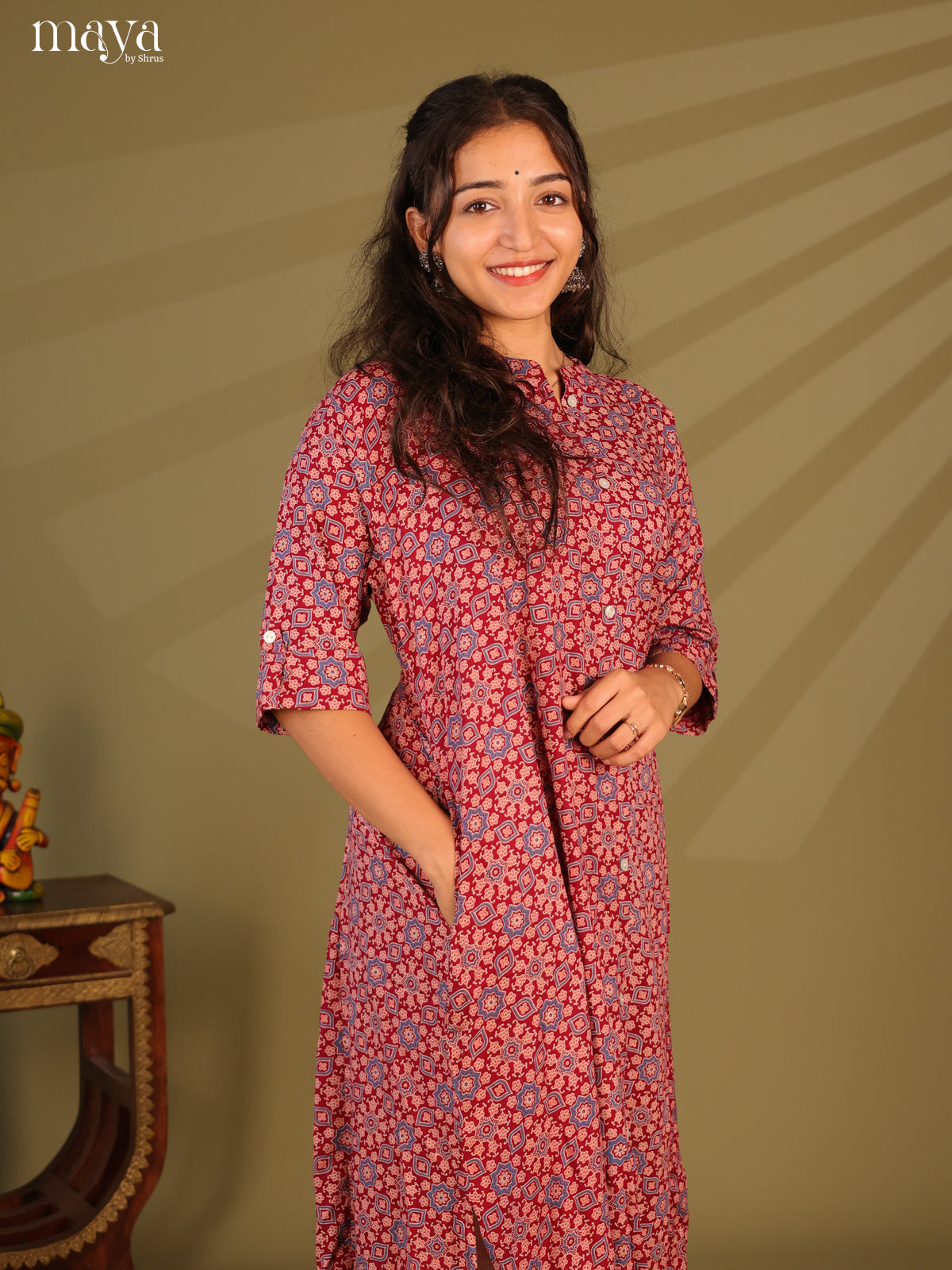 Red Ajrakh Printed Rayon Kurti - Shop on Shrus.com