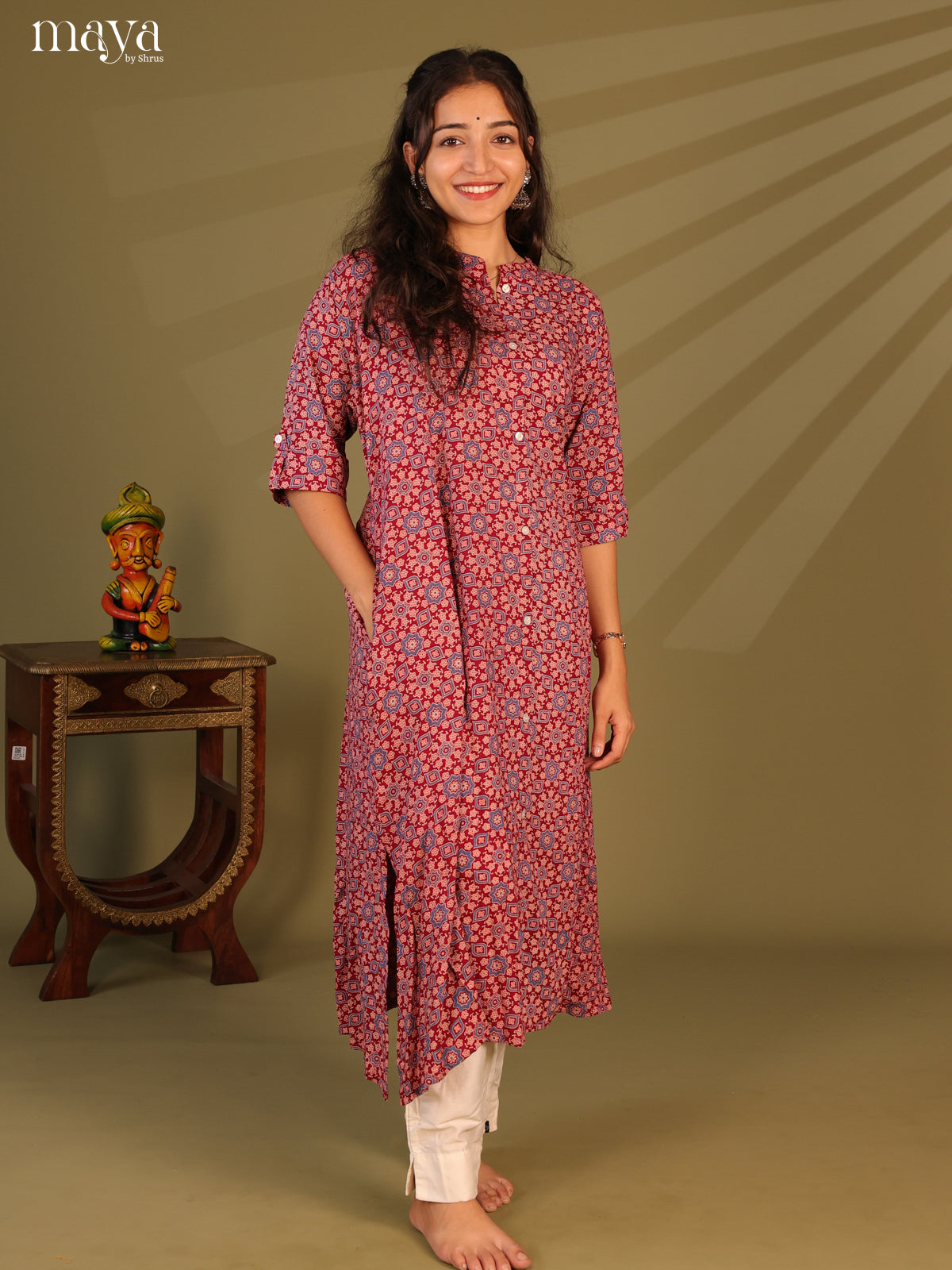 Red Ajrakh Printed Rayon Kurti - Shop on Shrus.com