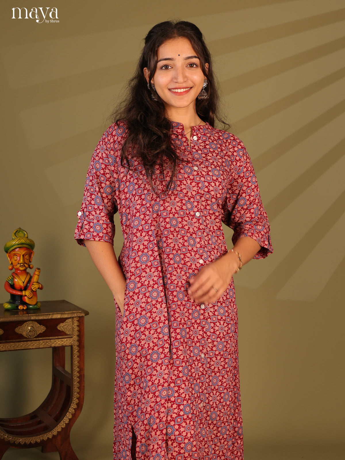 Red Ajrakh Printed Rayon Kurti - Shop on Shrus.com