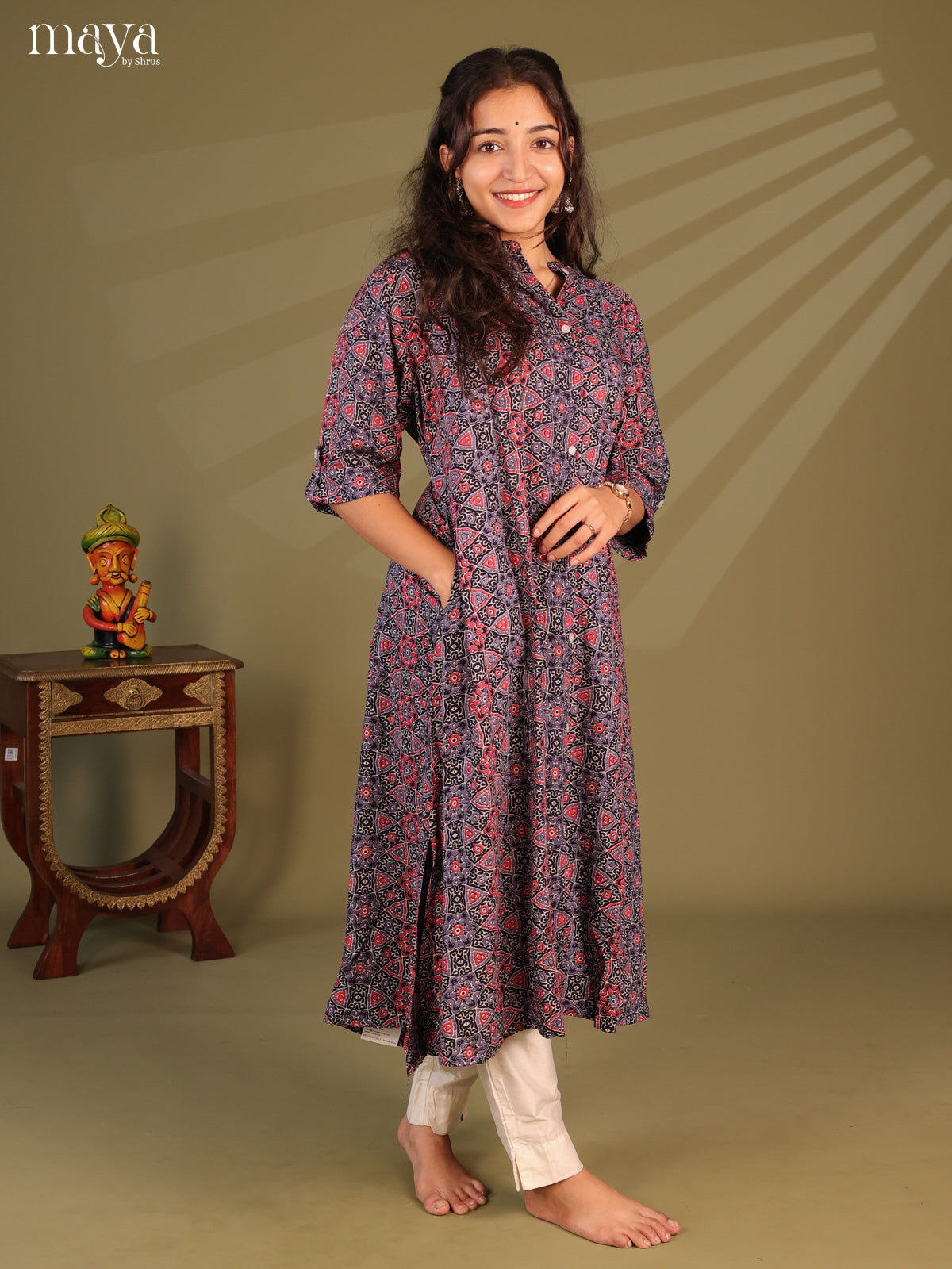 Grey Ajrakh Printed Rayon Kurti - Shop on Shrus.com