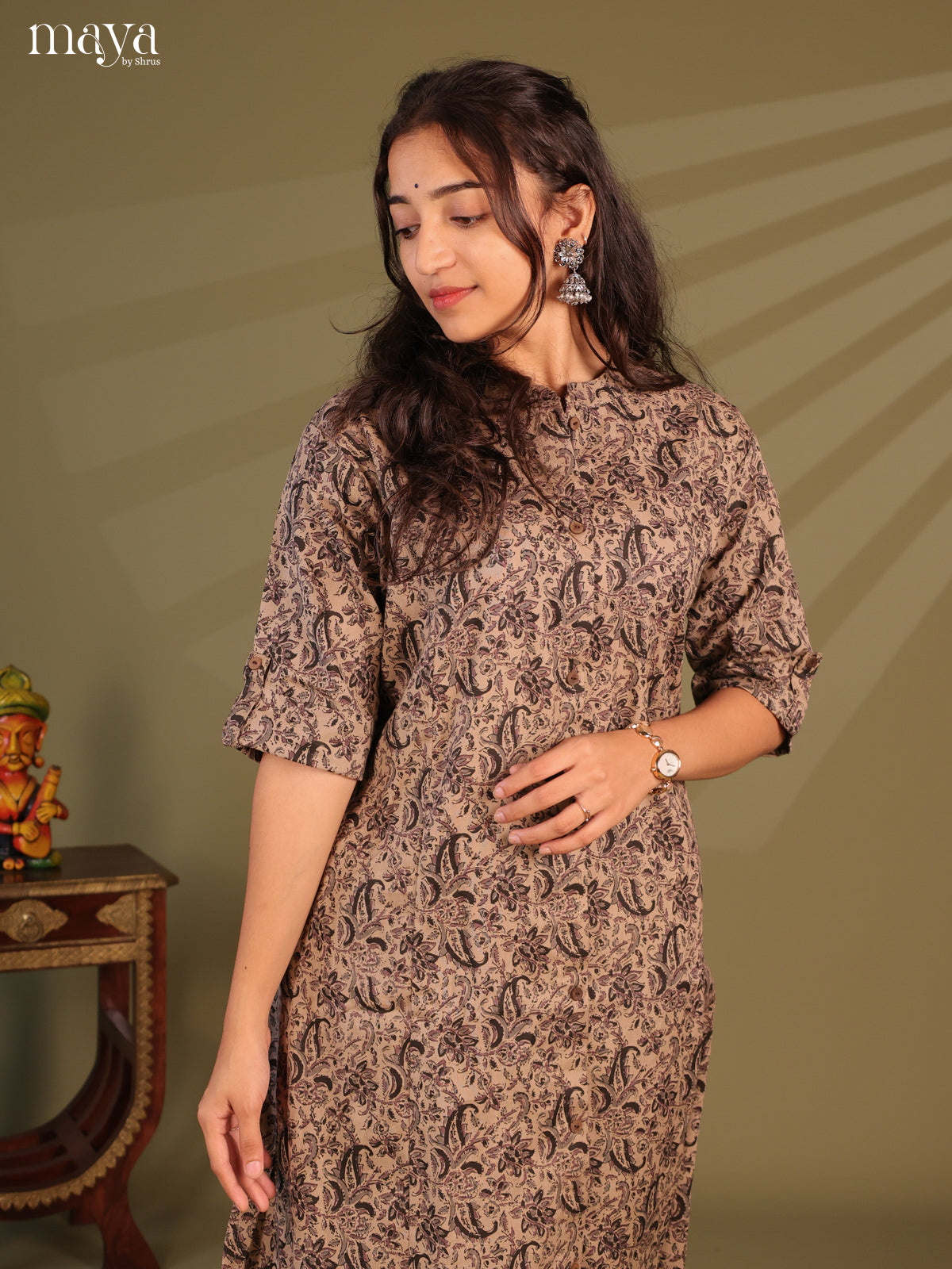 Brown Floral Printed Cotton Kurti - Shop on Shrus.com