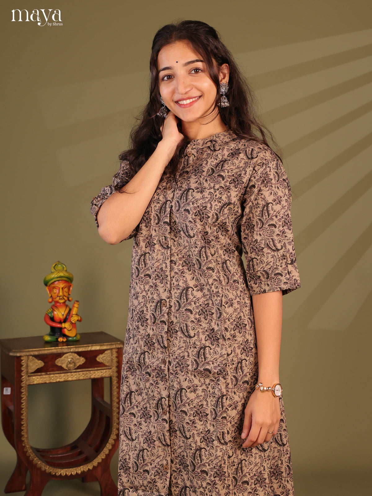 Brown Floral Printed Cotton Kurti - Shop on Shrus.com
