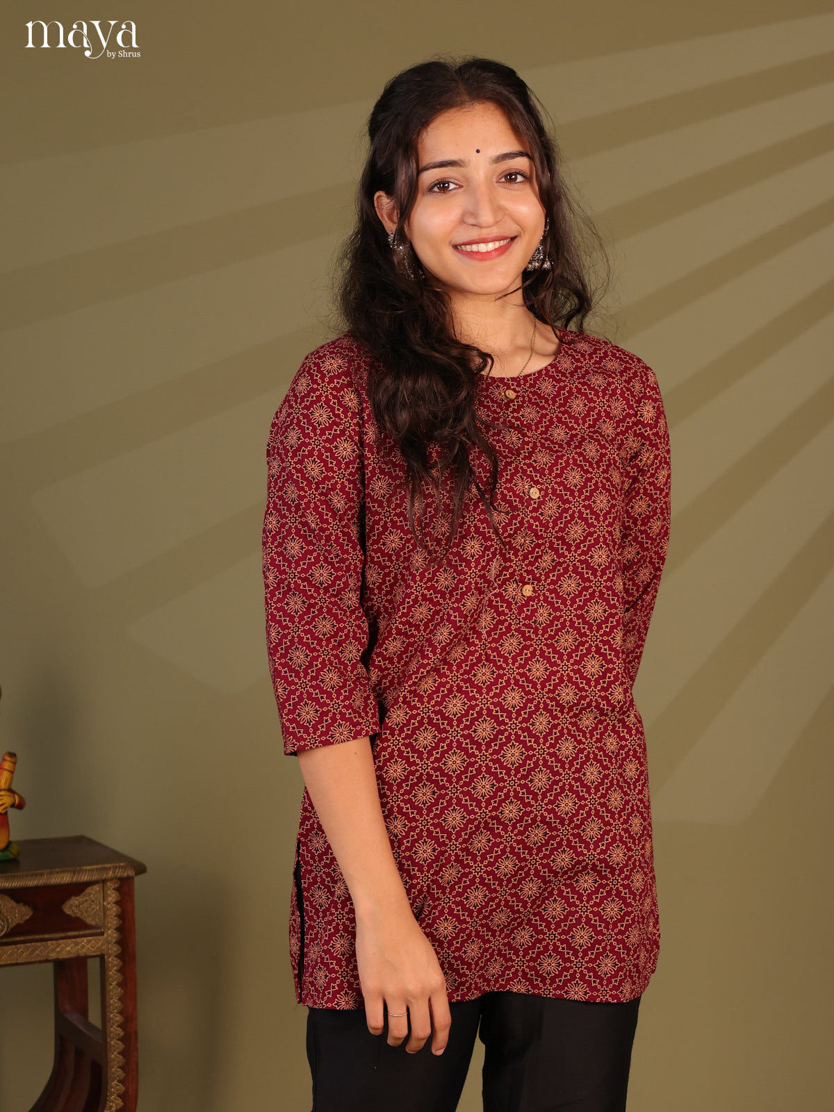 Floral Printed Maroon Cotton Short Kurti - Shop on Shrus.com