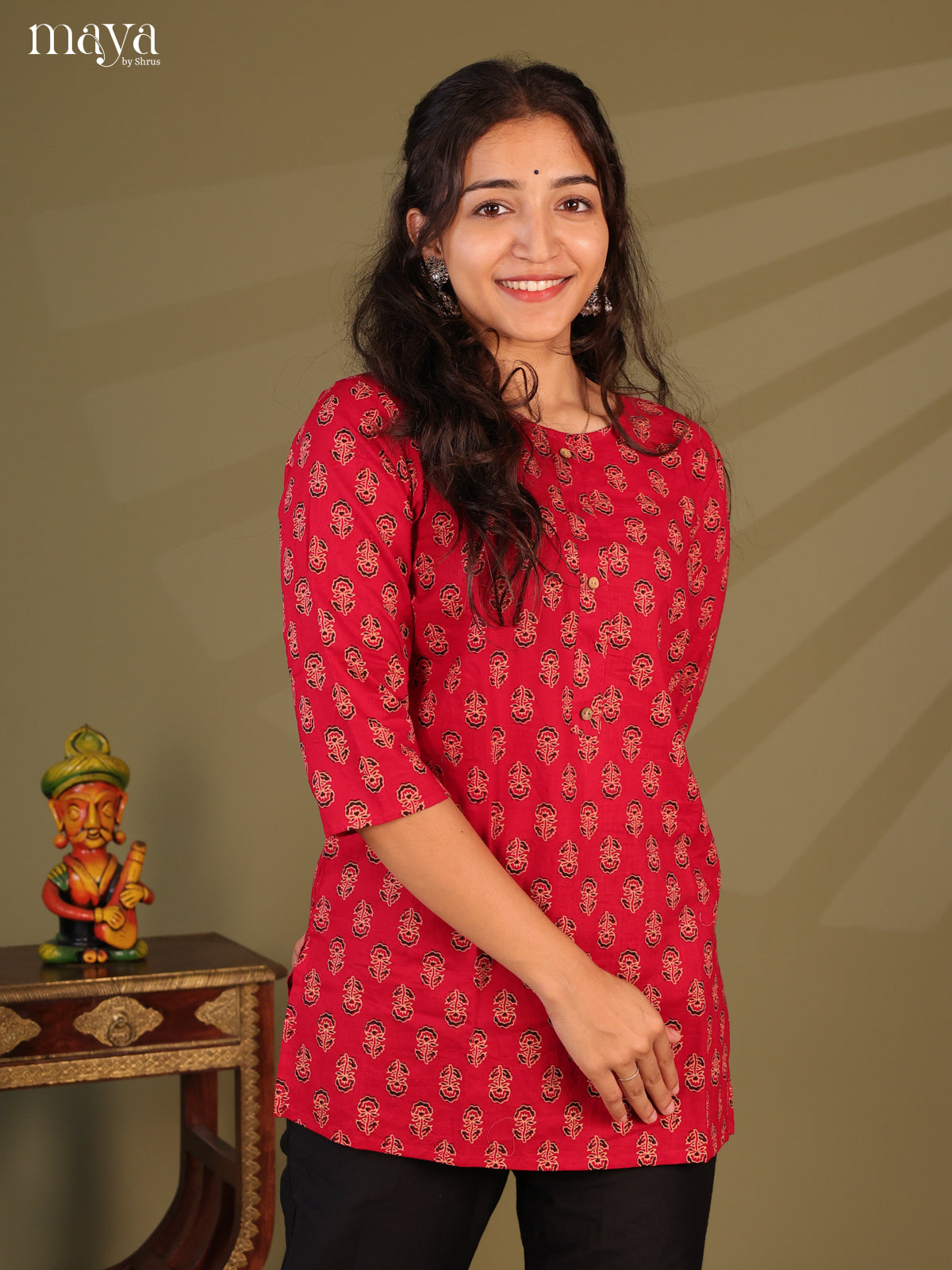 Floral Printed Red Cotton Short Kurti - Shop on Shrus.com