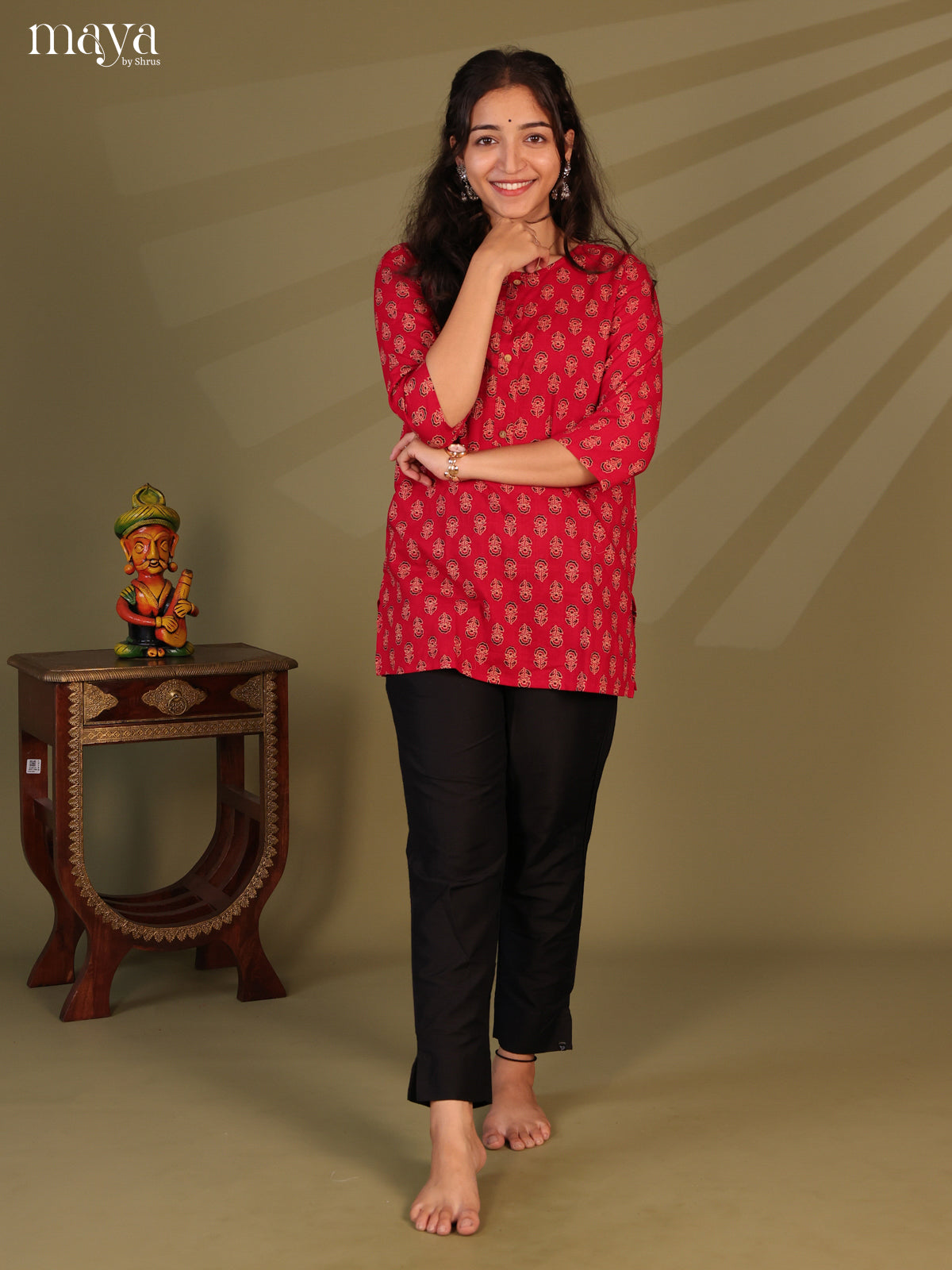 Floral Printed Red Cotton Short Kurti - Shop on Shrus.com