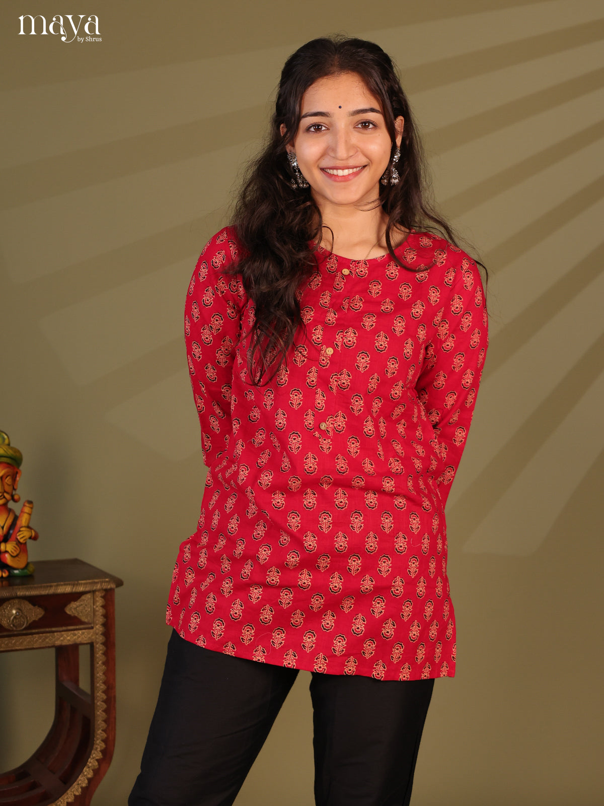 Floral Printed Red Cotton Short Kurti - Shop on Shrus.com