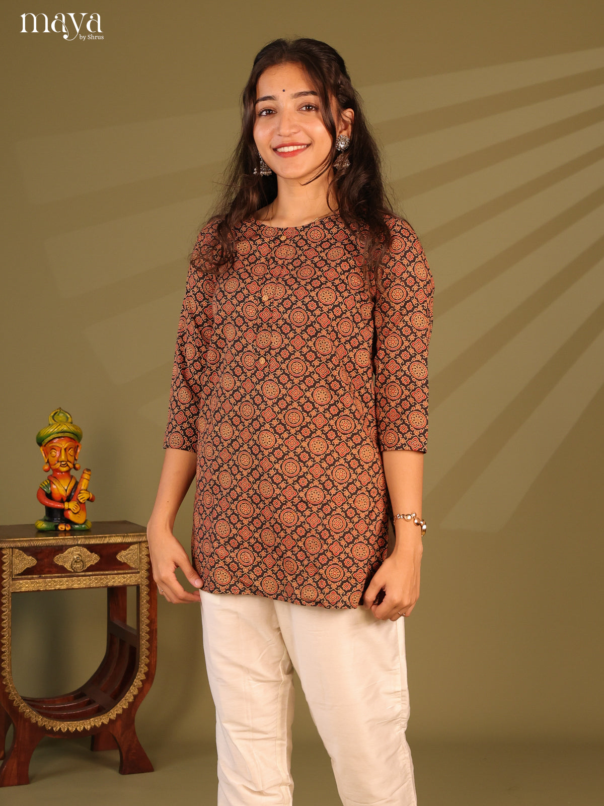 Floral Printed Black Cotton Short Kurti - Shop on Shrus.com