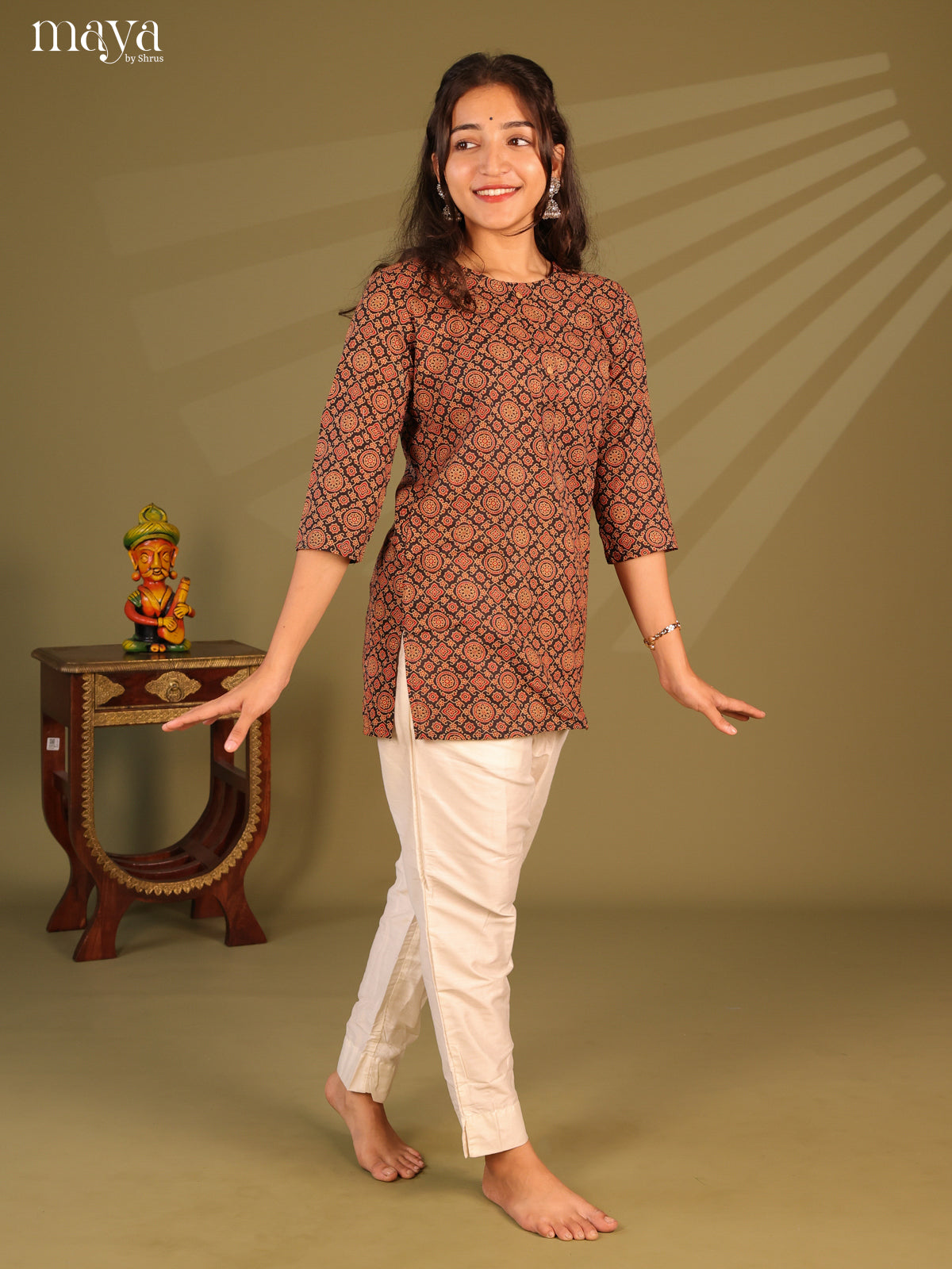Floral Printed Black Cotton Short Kurti - Shop on Shrus.com