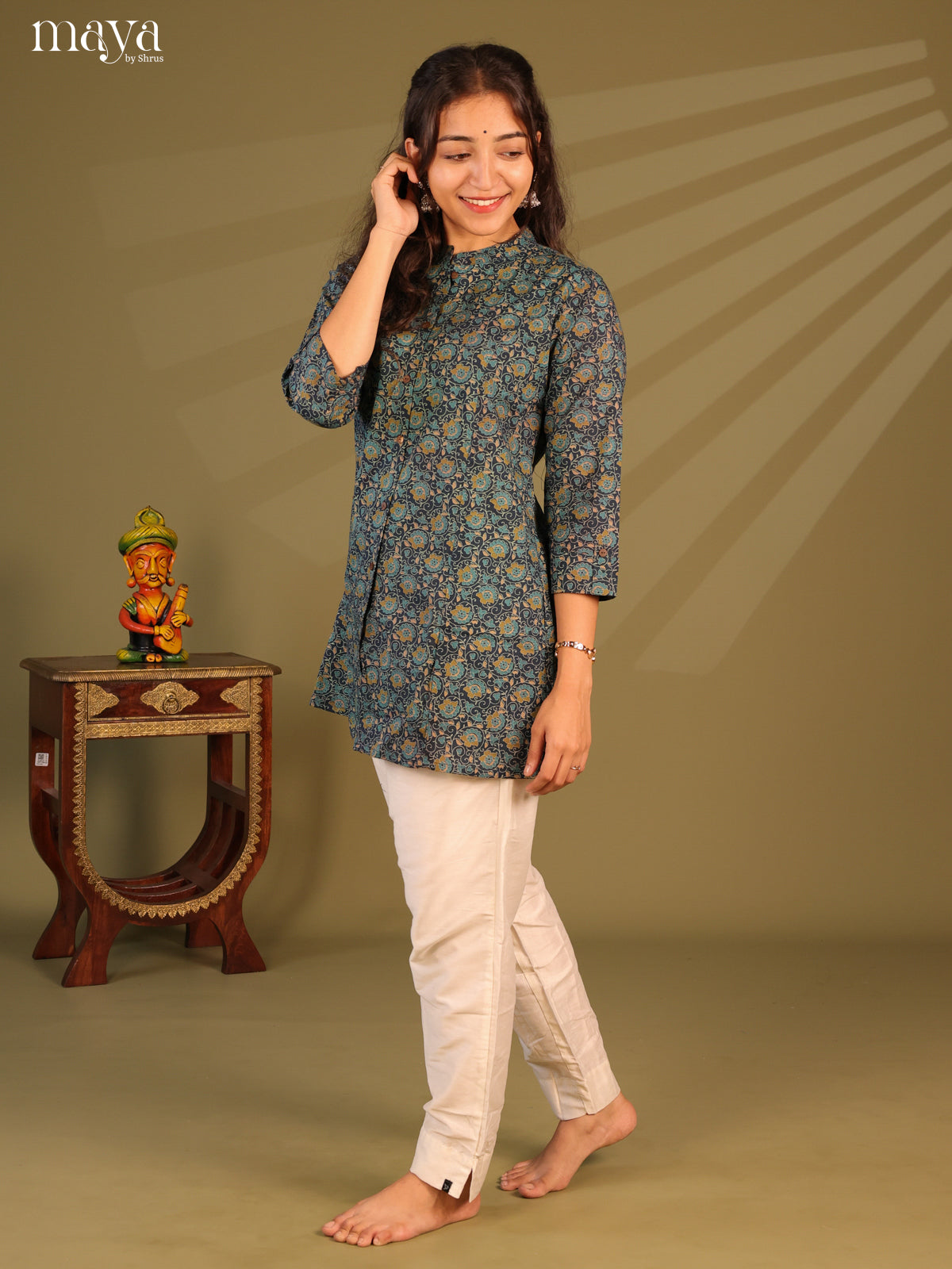 Floral Printed Blue Cotton Short Kurti - Shop on Shrus.com
