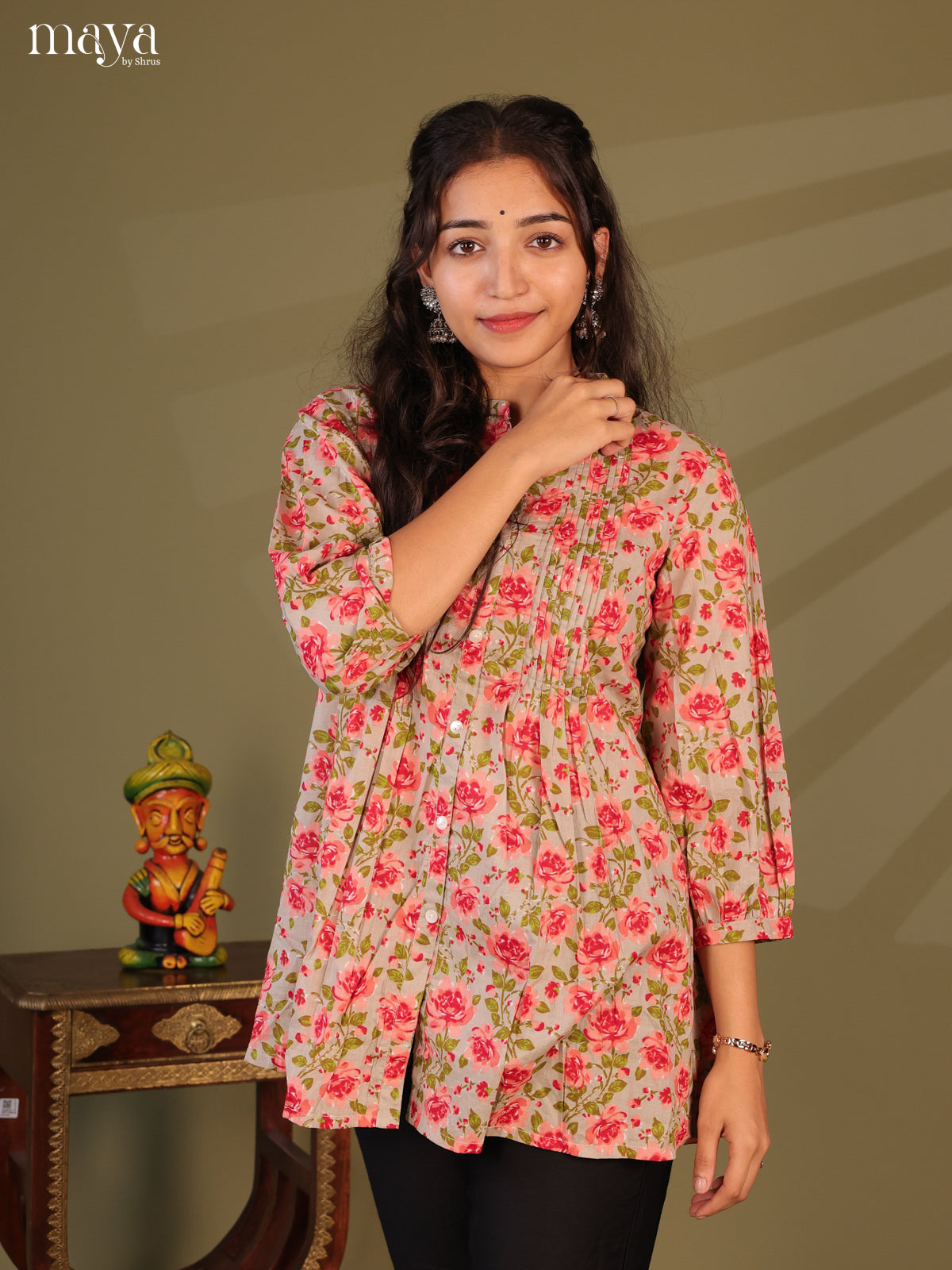 Floral Printed Grey Cotton Short Kurti - Shop on Shrus.com