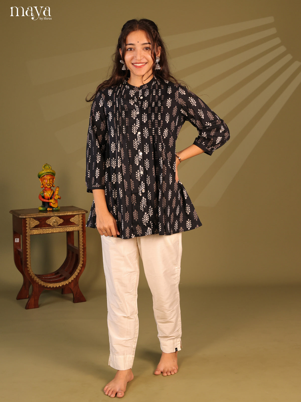 Floral Printed Black Cotton Short Kurti - Shop on Shrus.com