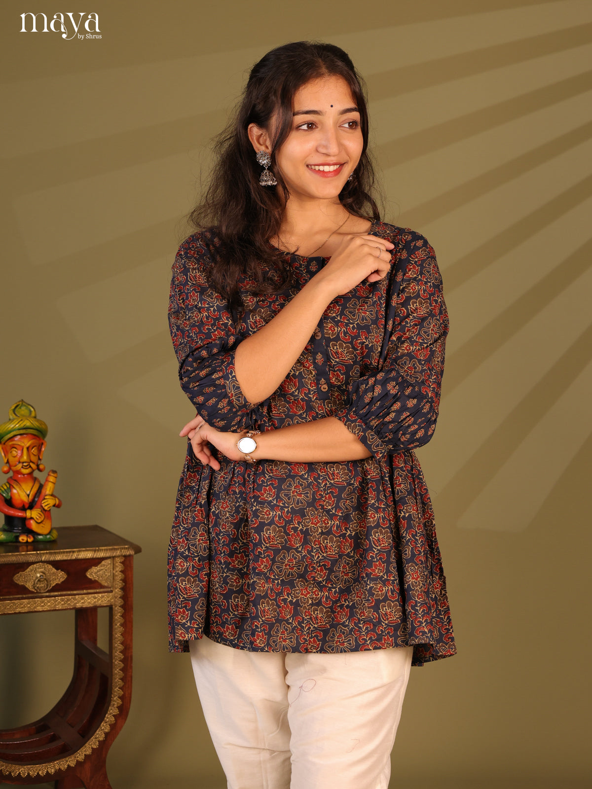 Floral Printed Blue Cotton Short Kurti - Shop on Shrus.com
