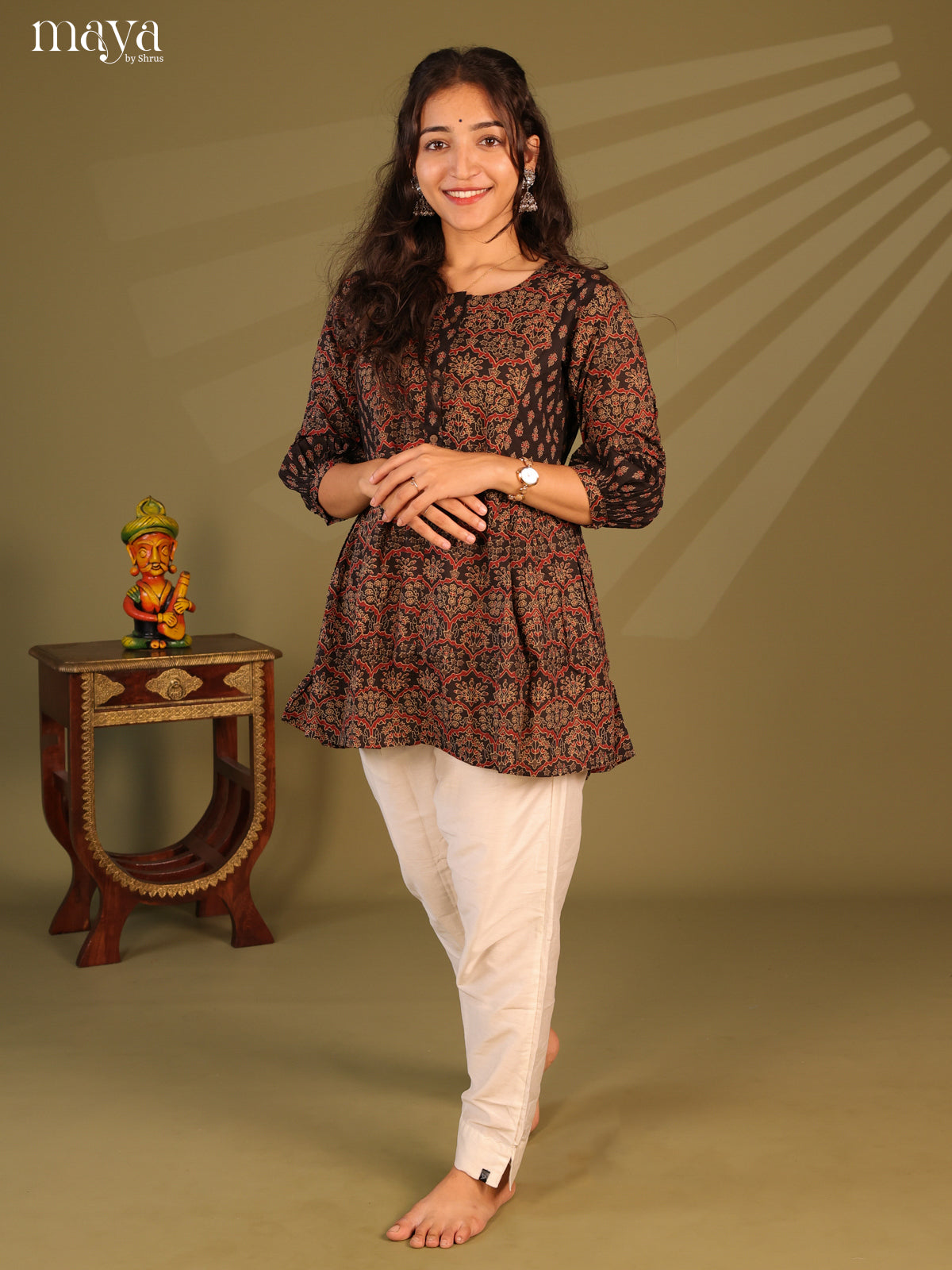 Floral Printed Black Cotton Short Kurti - Shop on Shrus.com
