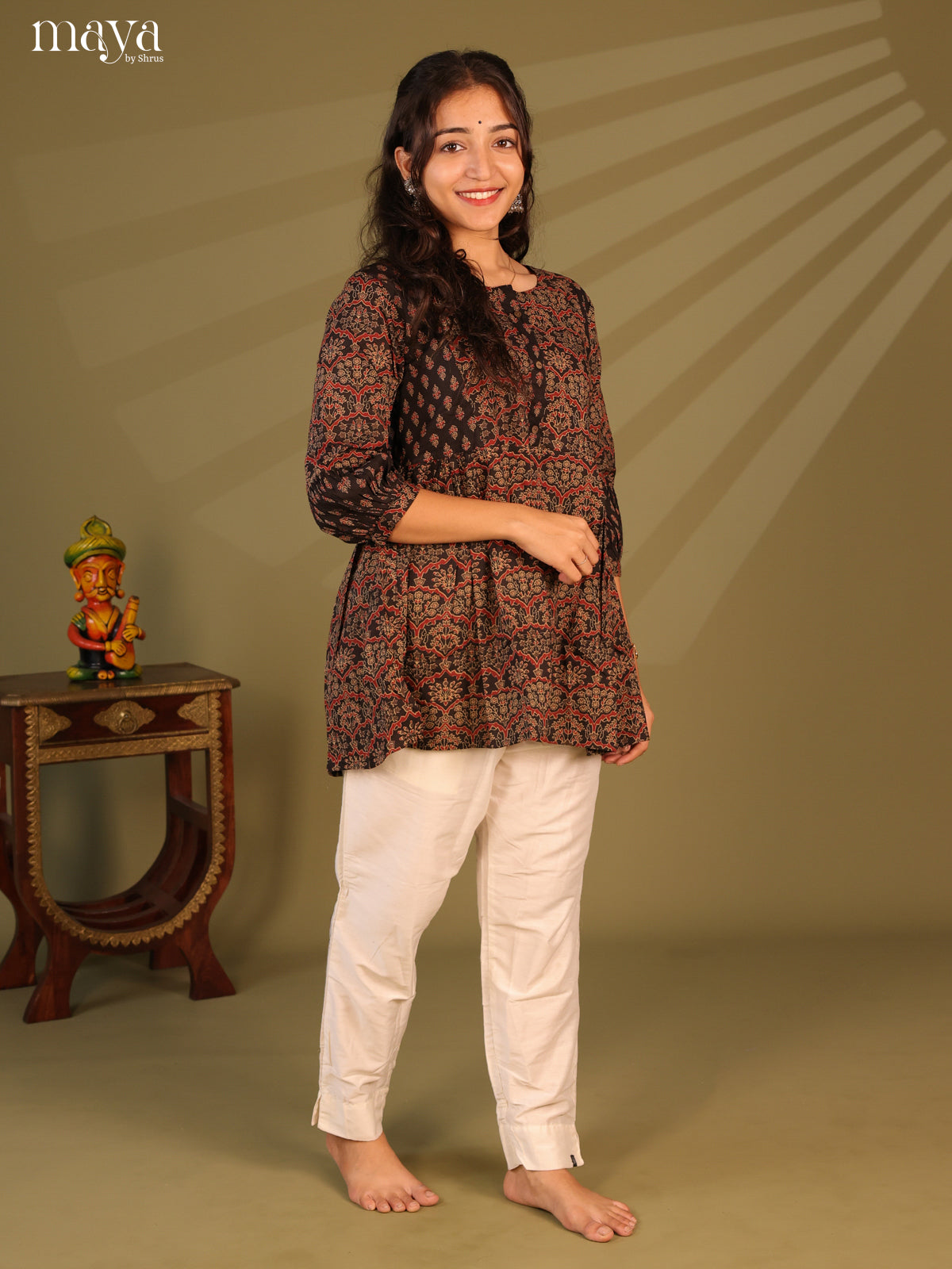 Floral Printed Black Cotton Short Kurti - Shop on Shrus.com