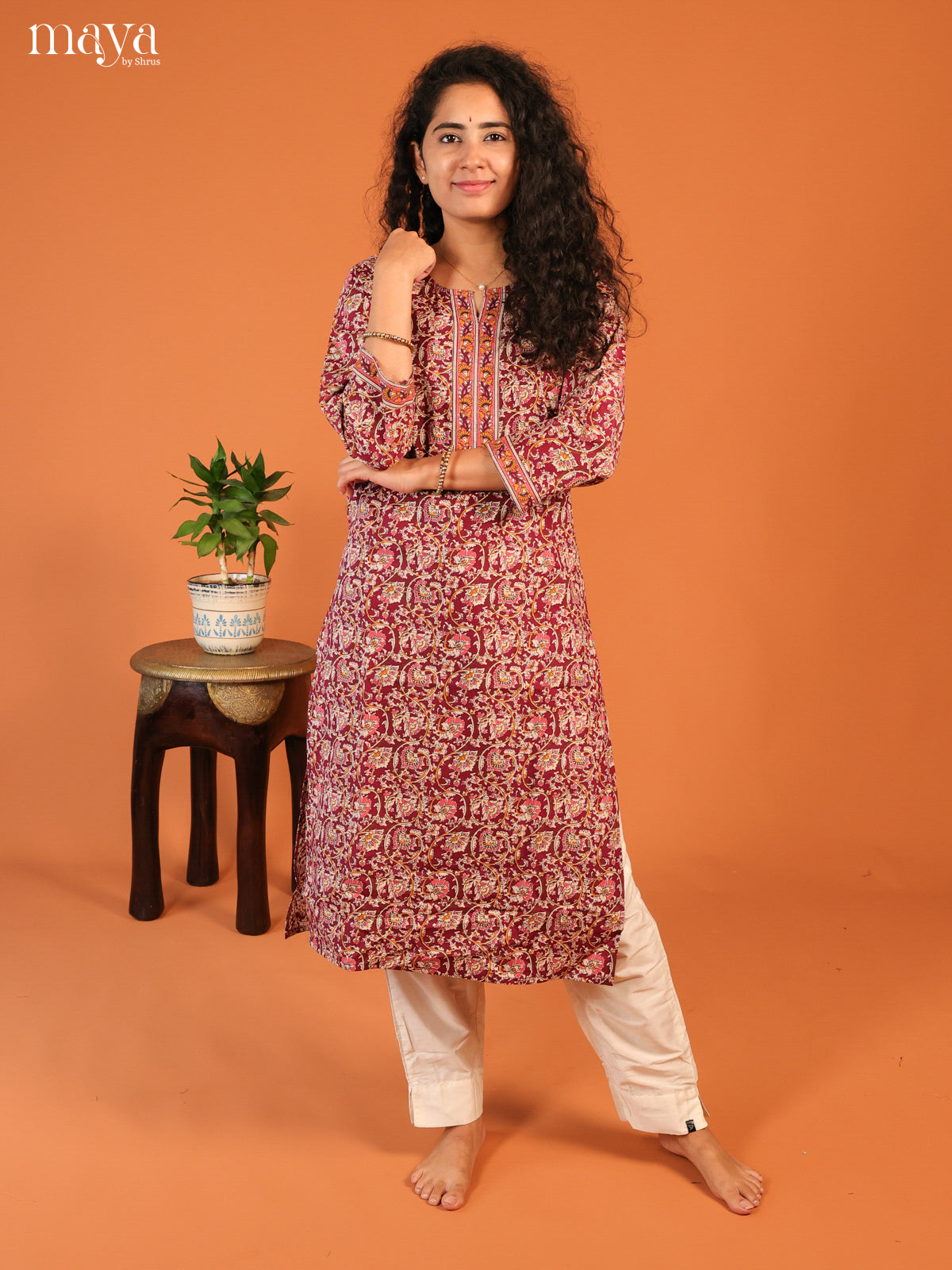 Maroon Floral Printed Cotton Kurti - Shop on Shrus.com