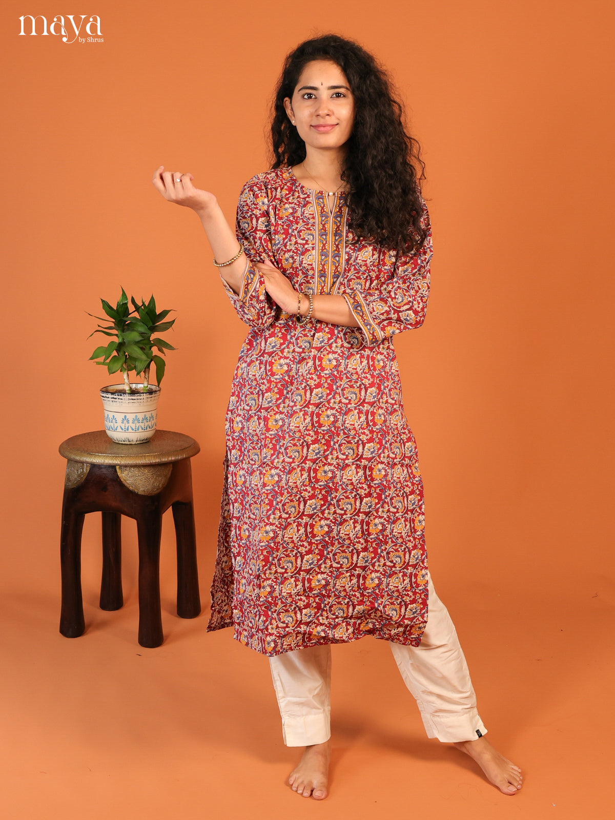Maroon Floral Printed Cotton Kurti - Shop on Shrus.com