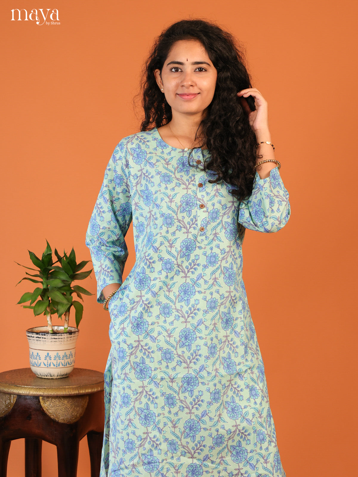 Blue Floral Printed Cotton Kurti - Shop on Shrus.com