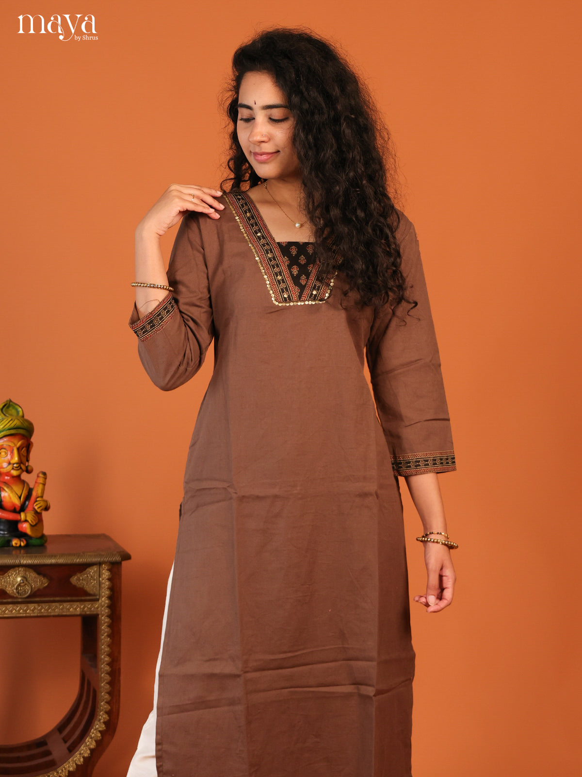 Floral Printed Browm Cotton Kurti - Shop on Shrus.com