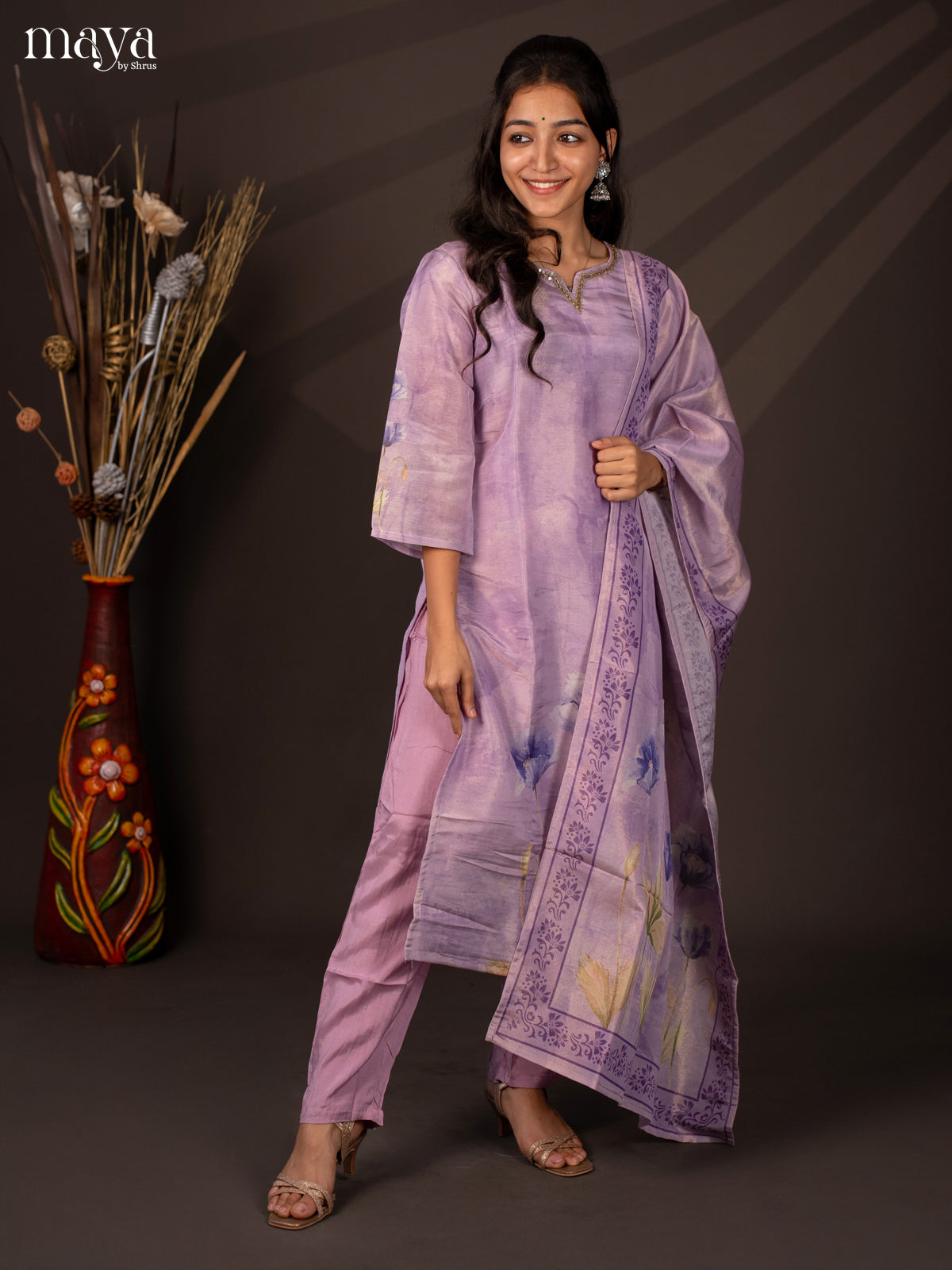 Lavender Chanderi 3Pc Salwar Suit with Floral Print - Top, Bottom & Dupatta - Shop on Shrus.com