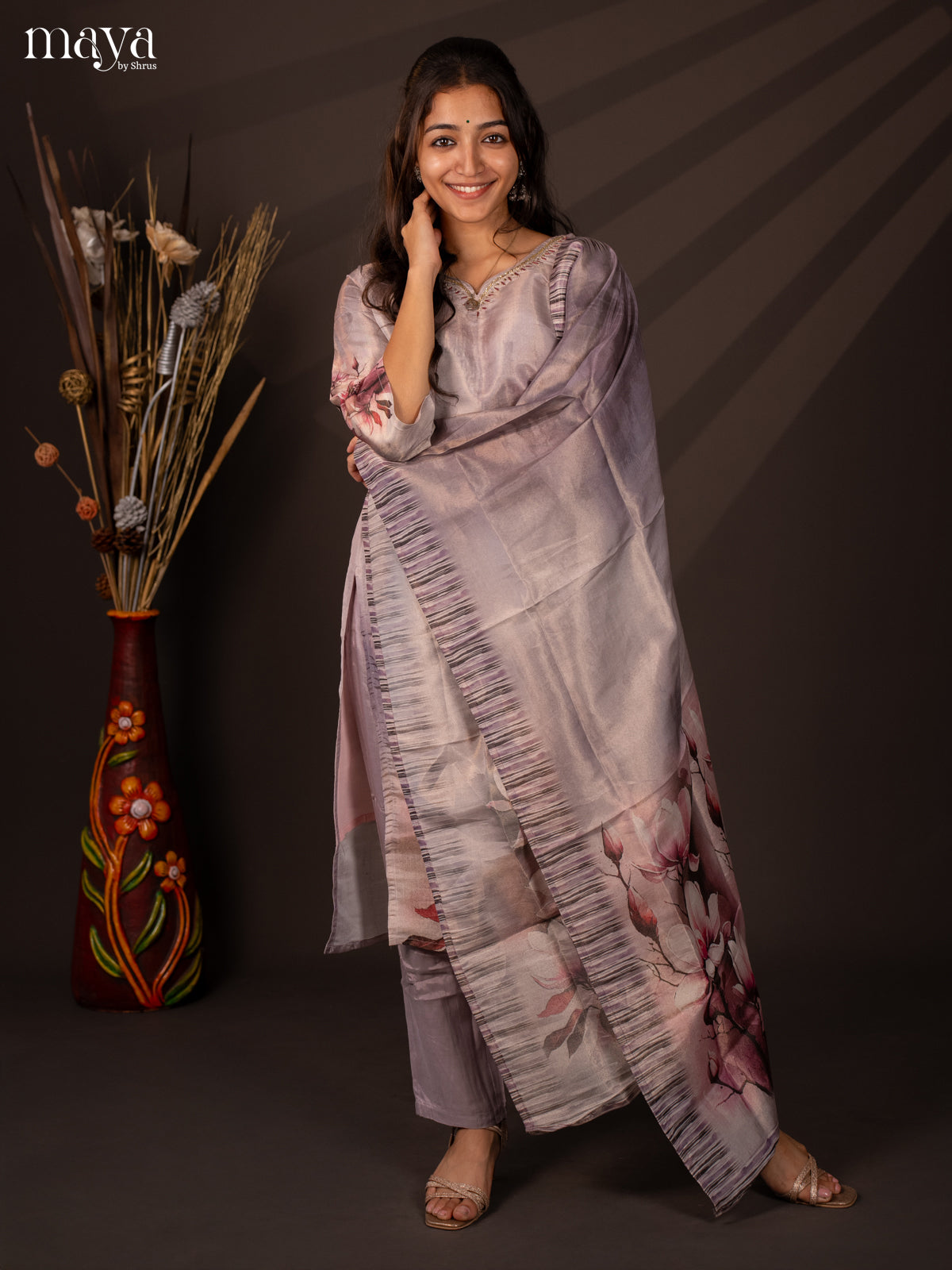 Lavender Chanderi 3Pc Salwar Suit with Floral Print - Top, Bottom & Dupatta - Shop on Shrus.com