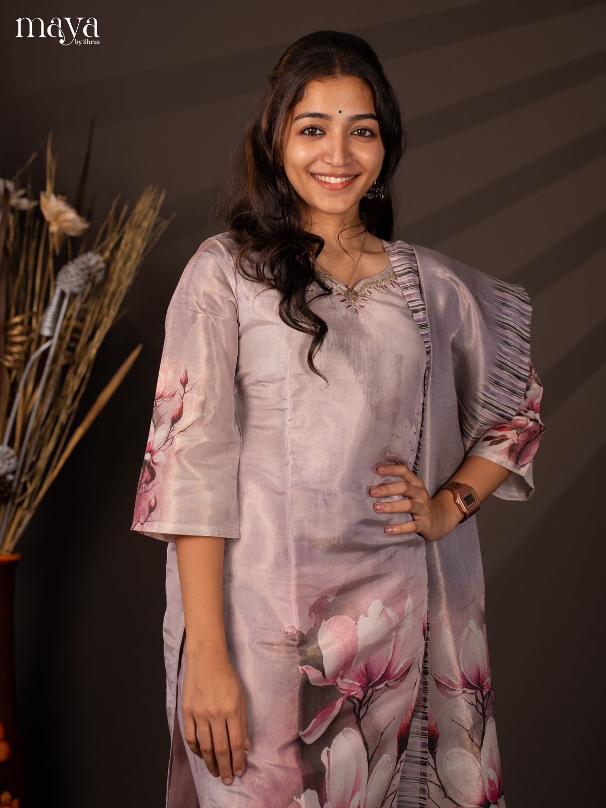 Lavender Chanderi 3Pc Salwar Suit with Floral Print - Top, Bottom & Dupatta - Shop on Shrus.com
