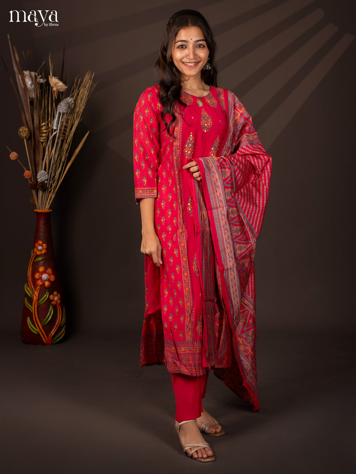 Pink Rayon 3Pc Salwar Suit with Floral Print - Top, Bottom & Dupatta - Shop on Shrus.com
