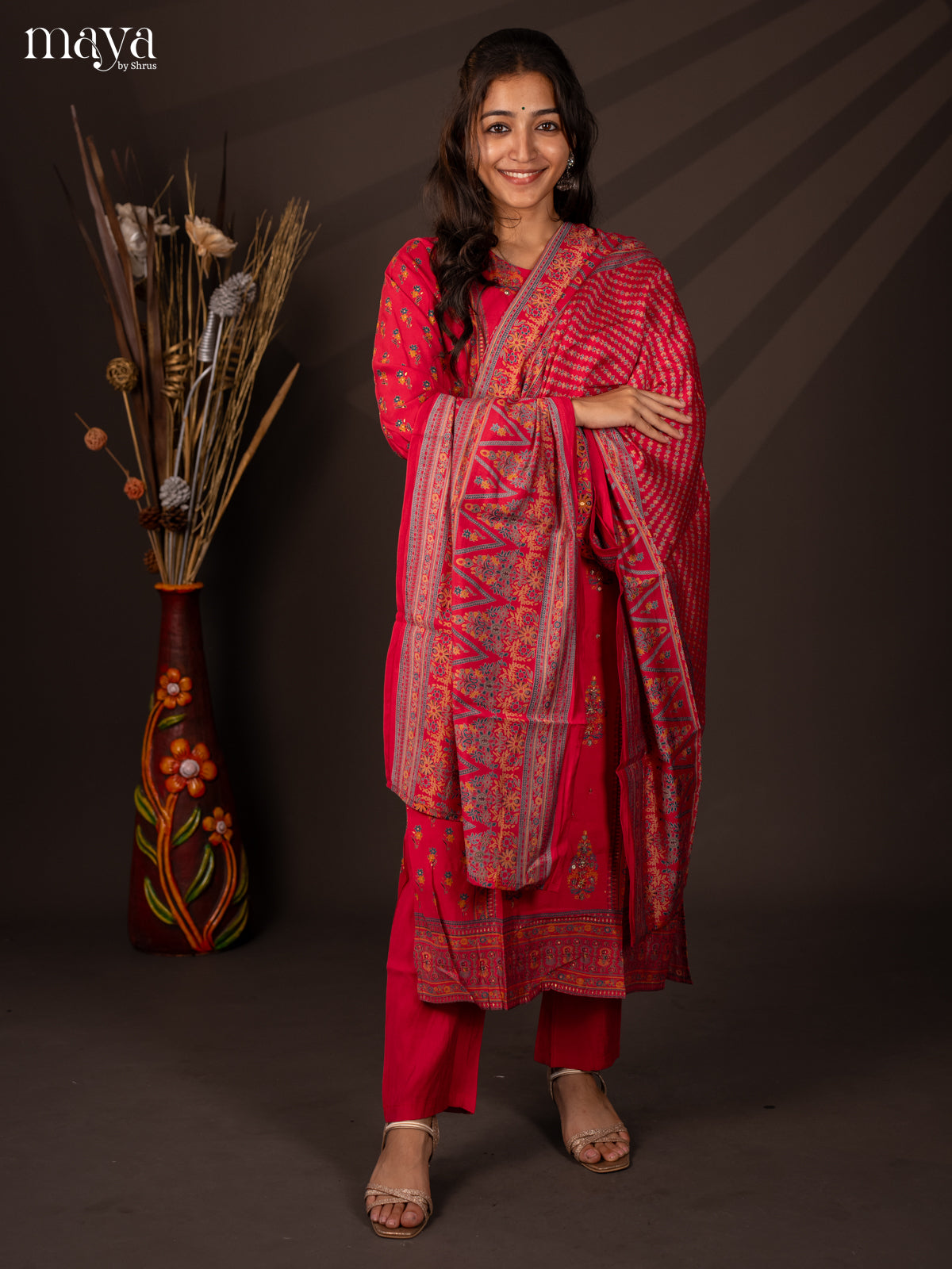 Pink Rayon 3Pc Salwar Suit with Floral Print - Top, Bottom & Dupatta - Shop on Shrus.com