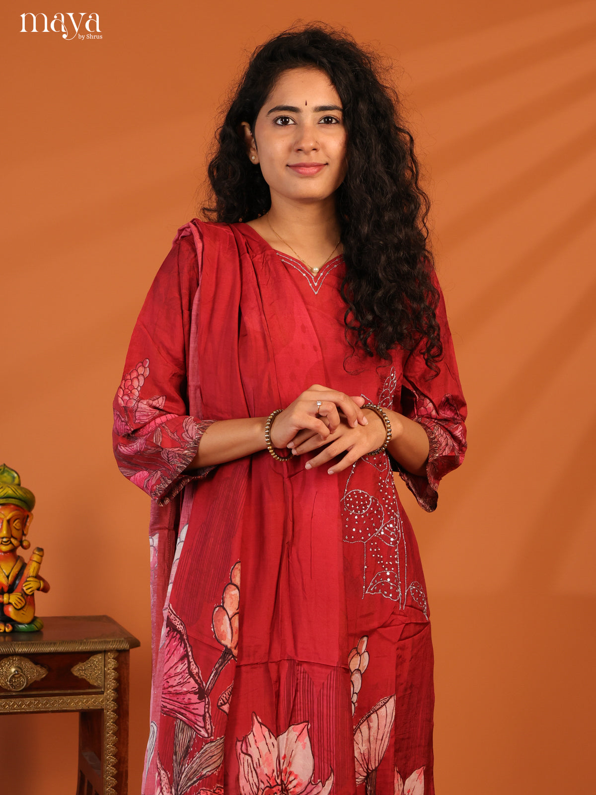 Red Rayon 3Pc Salwar Suit with Floral Print - Top, Bottom & Dupatta - Shop on Shrus.com