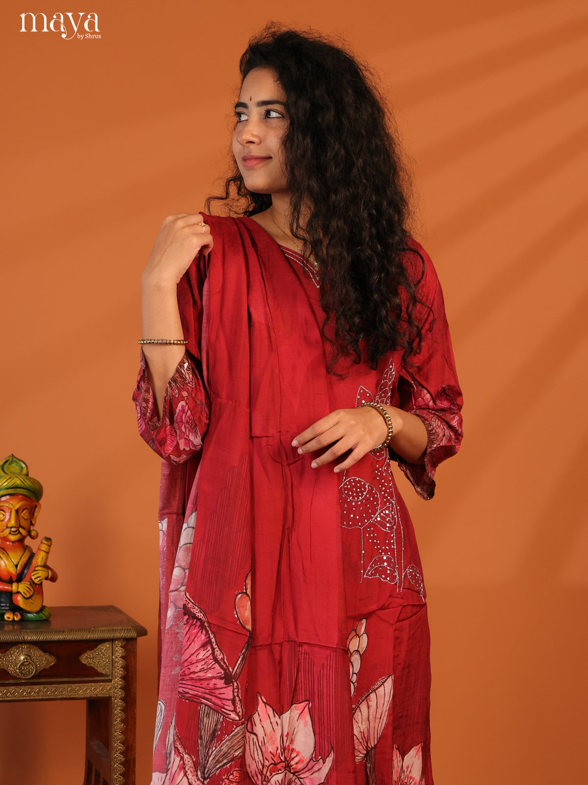 Red Rayon 3Pc Salwar Suit with Floral Print - Top, Bottom & Dupatta - Shop on Shrus.com