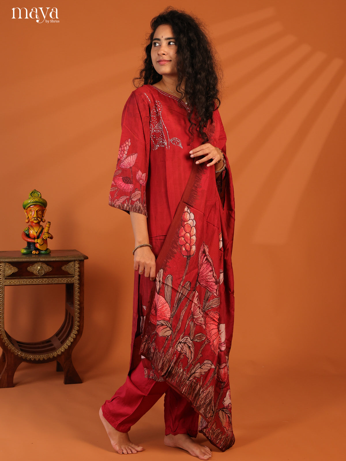 Red Rayon 3Pc Salwar Suit with Floral Print - Top, Bottom & Dupatta - Shop on Shrus.com