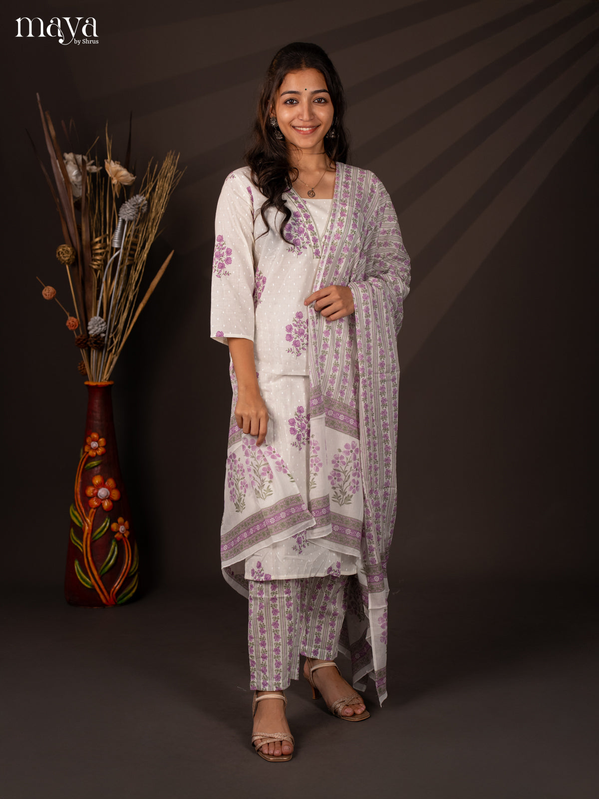 Cream Cotton 3Pc Salwar Suit With Floral Print - Top , Bottom & Dupatta - Shop on Shrus.com