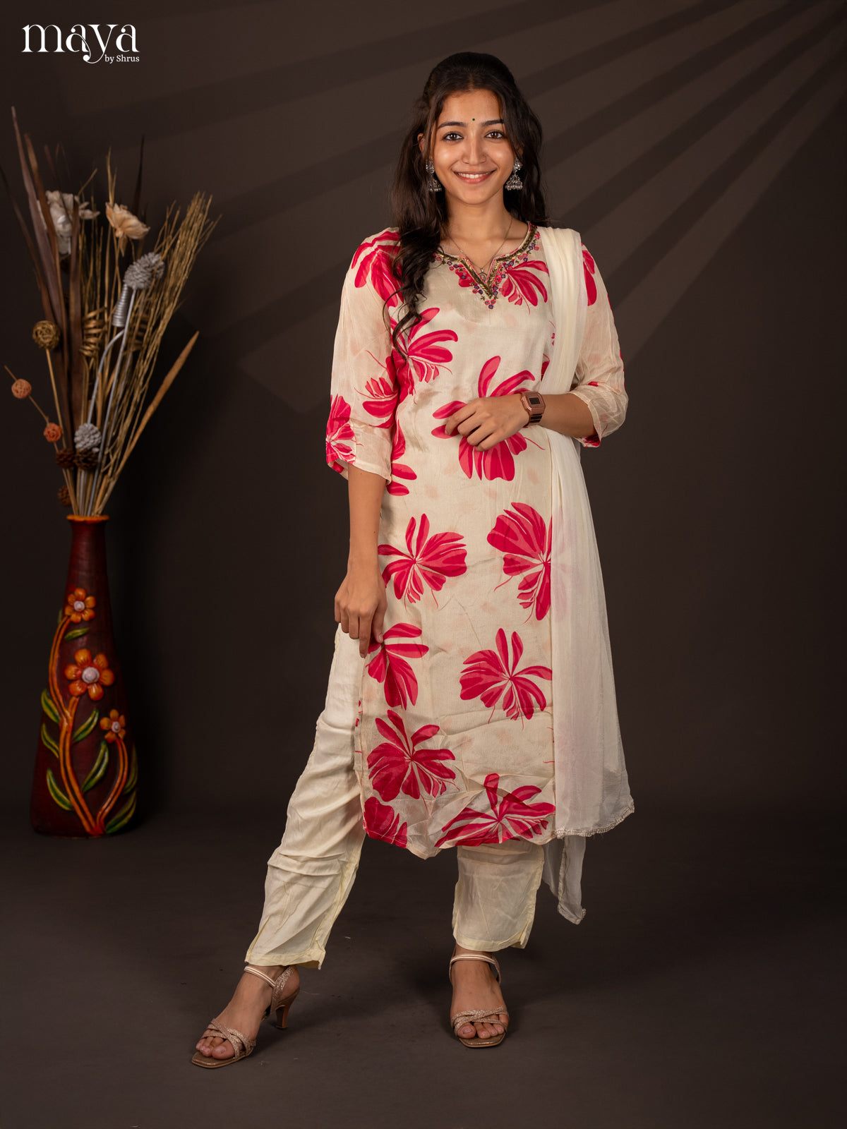Cream Semi Georgette 3Pc Salwar Suit With Floral Print - Top ,Bottom & Dupatta - Shop on Shrus.com
