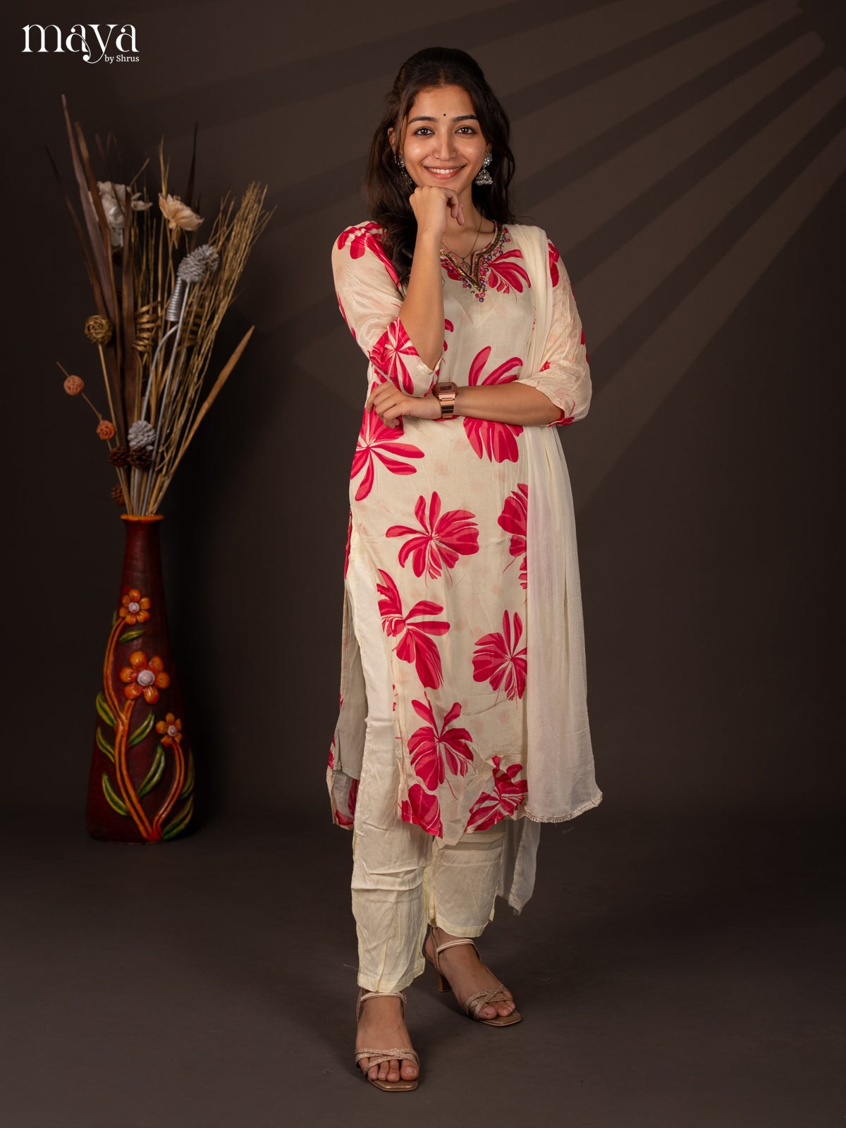 Cream Semi Georgette 3Pc Salwar Suit With Floral Print - Top ,Bottom & Dupatta - Shop on Shrus.com