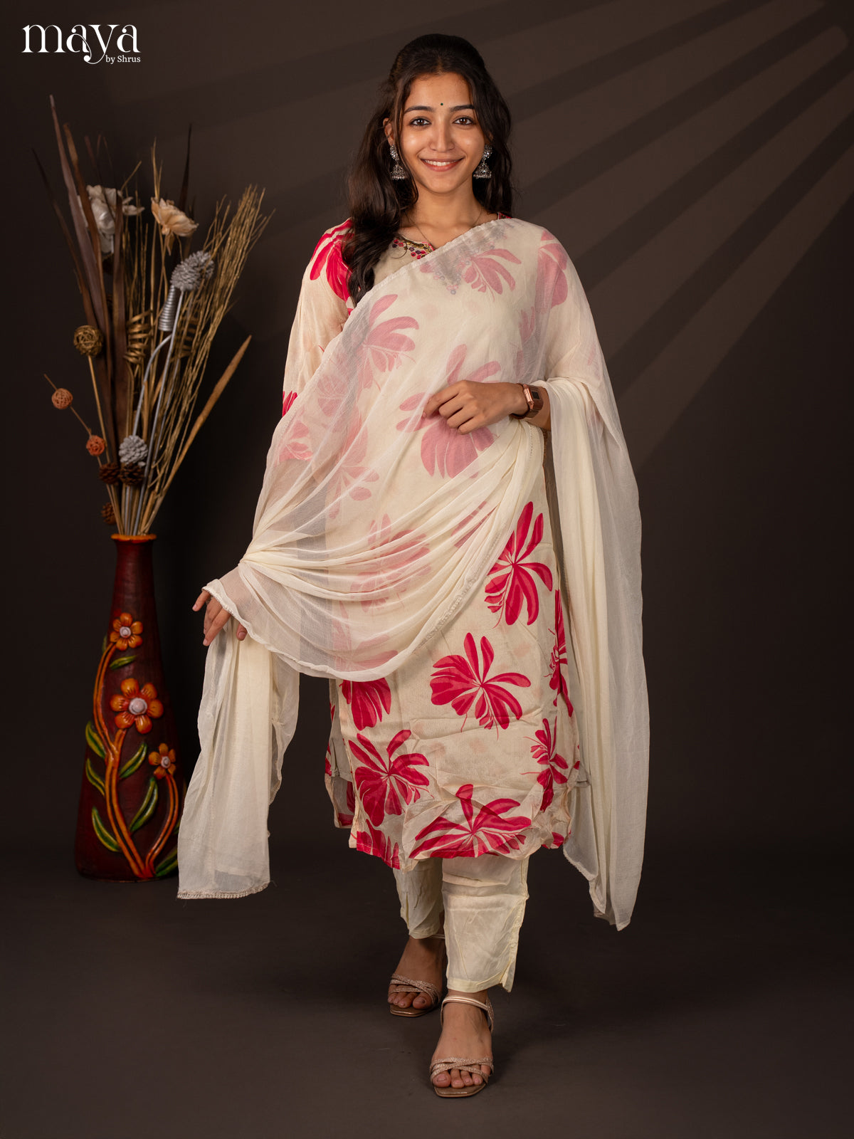 Cream Semi Georgette 3Pc Salwar Suit With Floral Print - Top ,Bottom & Dupatta - Shop on Shrus.com
