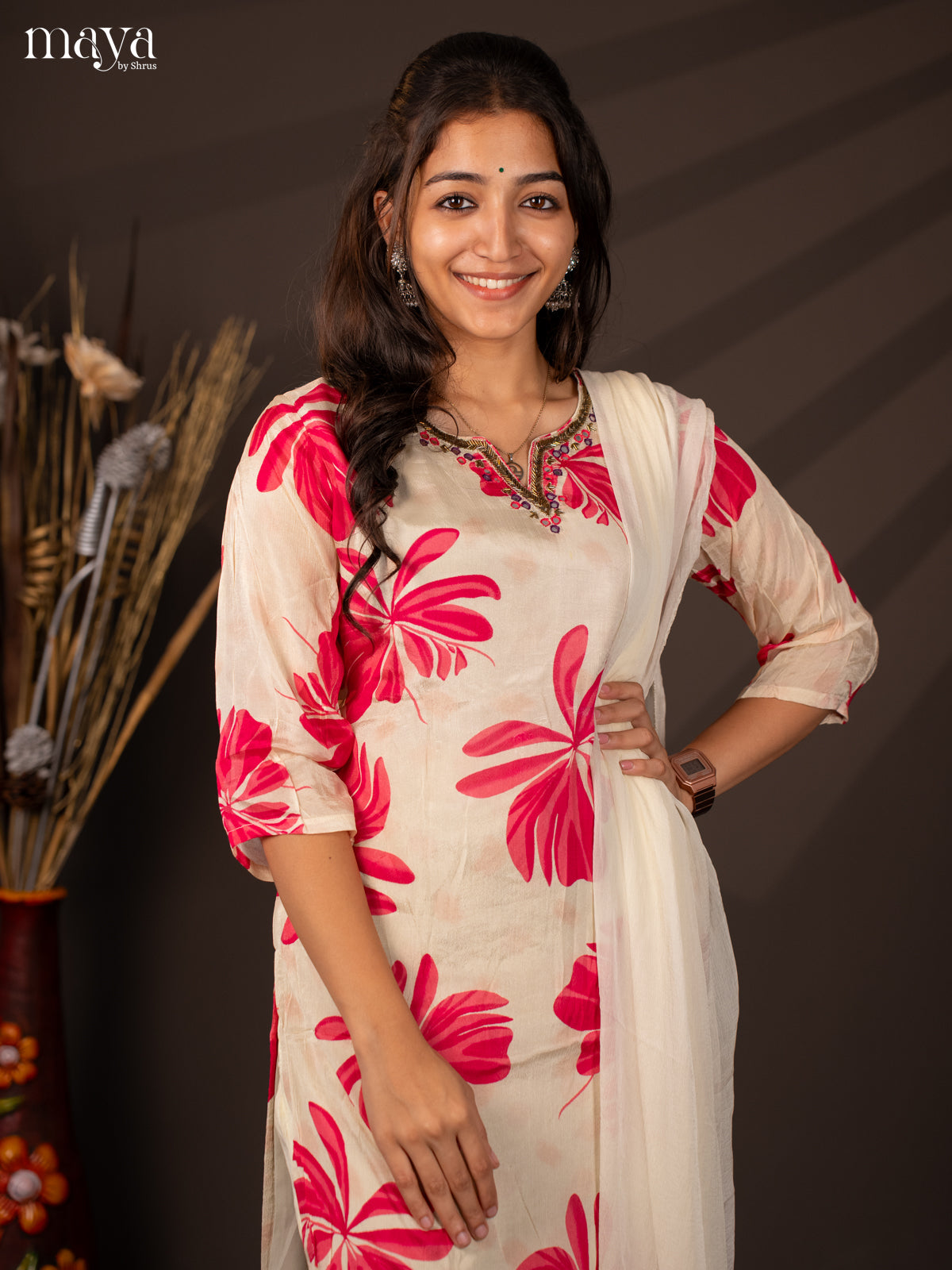 Cream Semi Georgette 3Pc Salwar Suit With Floral Print - Top ,Bottom & Dupatta - Shop on Shrus.com