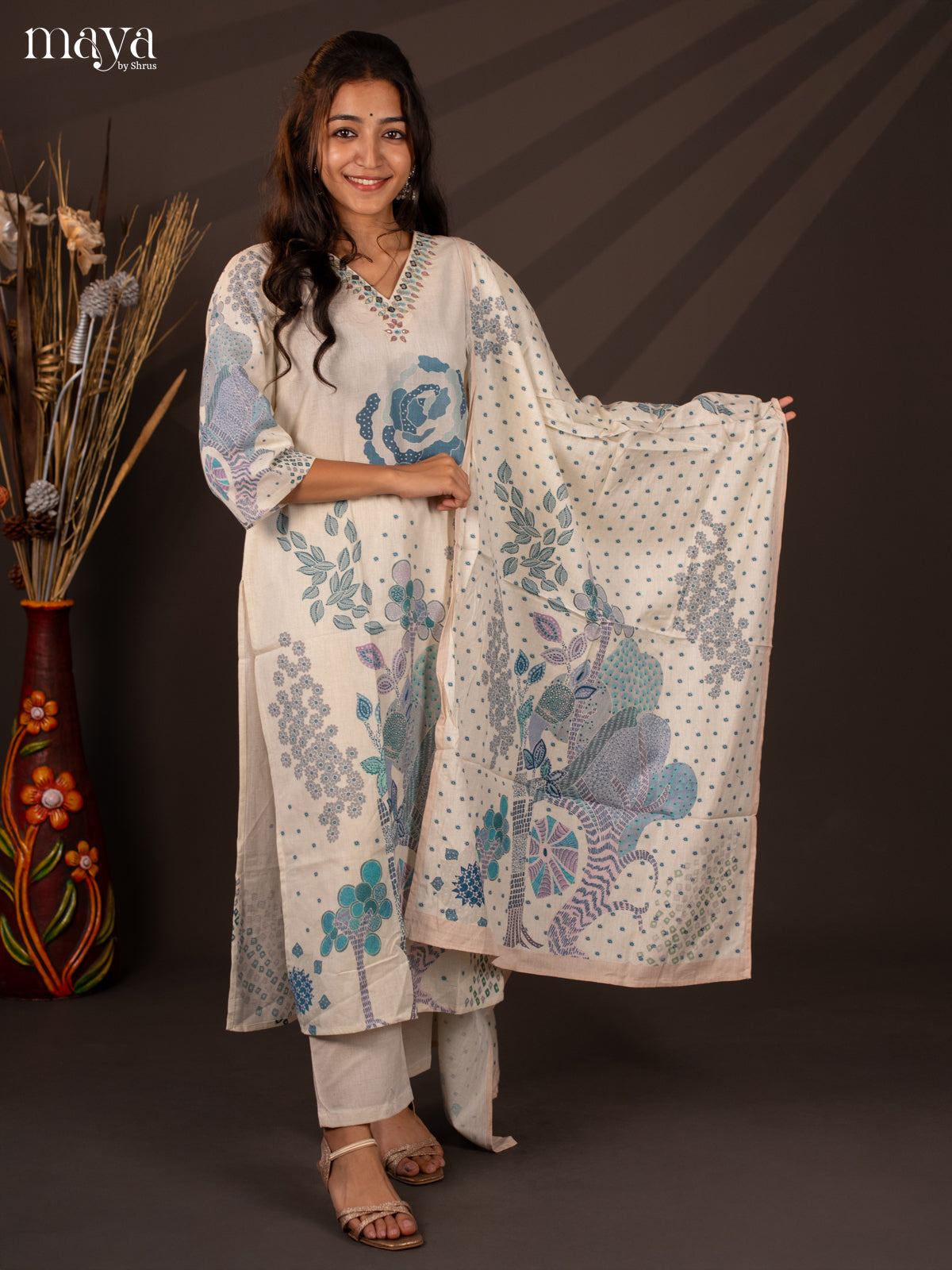 Cream Cotton 3Pc Salwar Suit With Floral Print - Top , Bottom & Dupatta - Shop on Shrus.com