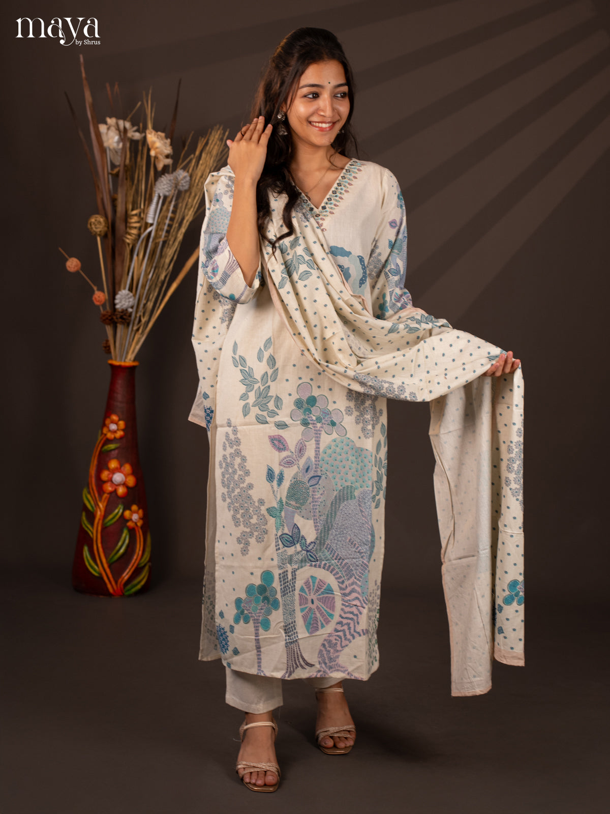 Cream Cotton 3Pc Salwar Suit With Floral Print - Top , Bottom & Dupatta - Shop on Shrus.com