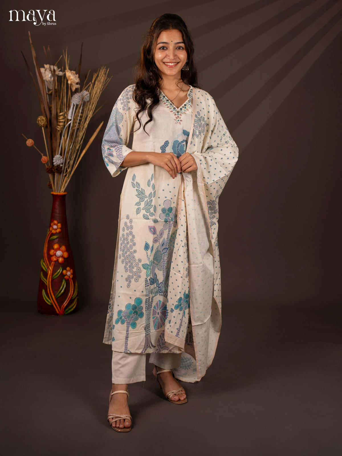 Cream Cotton 3Pc Salwar Suit With Floral Print - Top , Bottom & Dupatta - Shop on Shrus.com