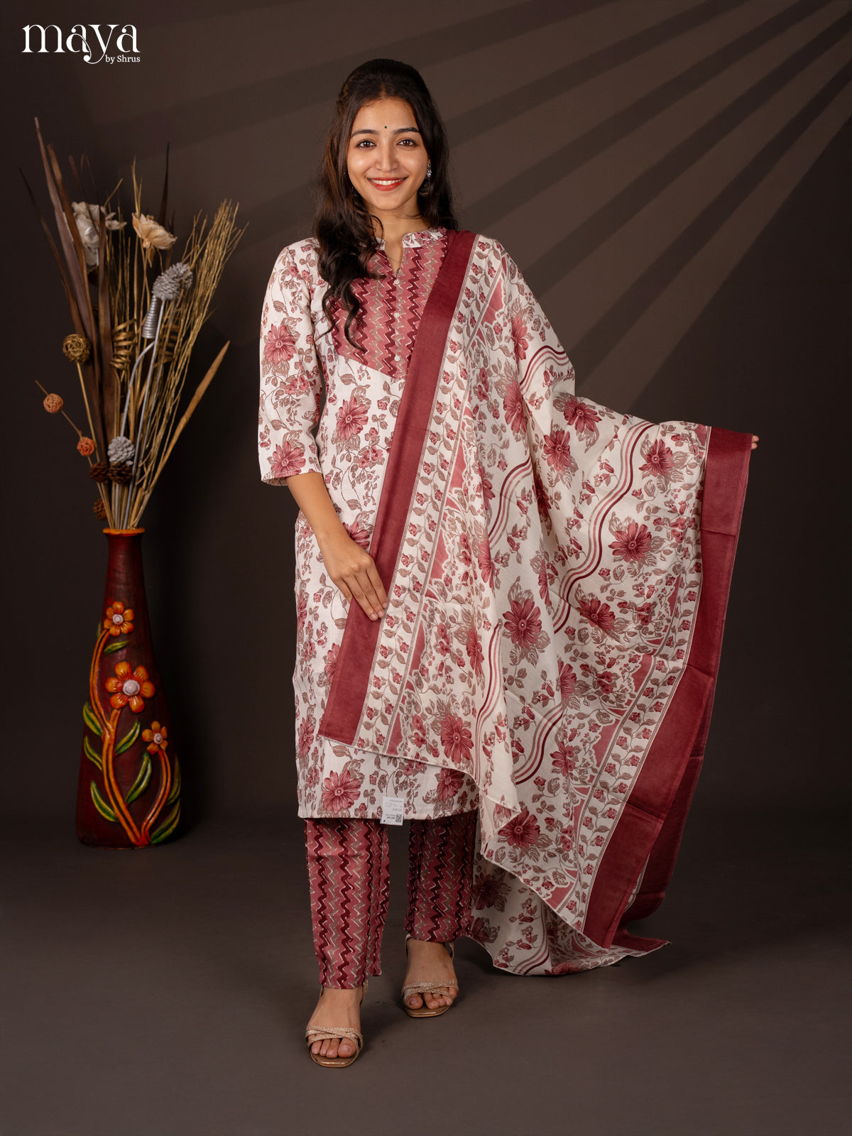 White Cotton Mix 3Pc Cotton Salwar Suit With Floral Print - Top, Bottom & Dupatta - Shop on Shrus.com
